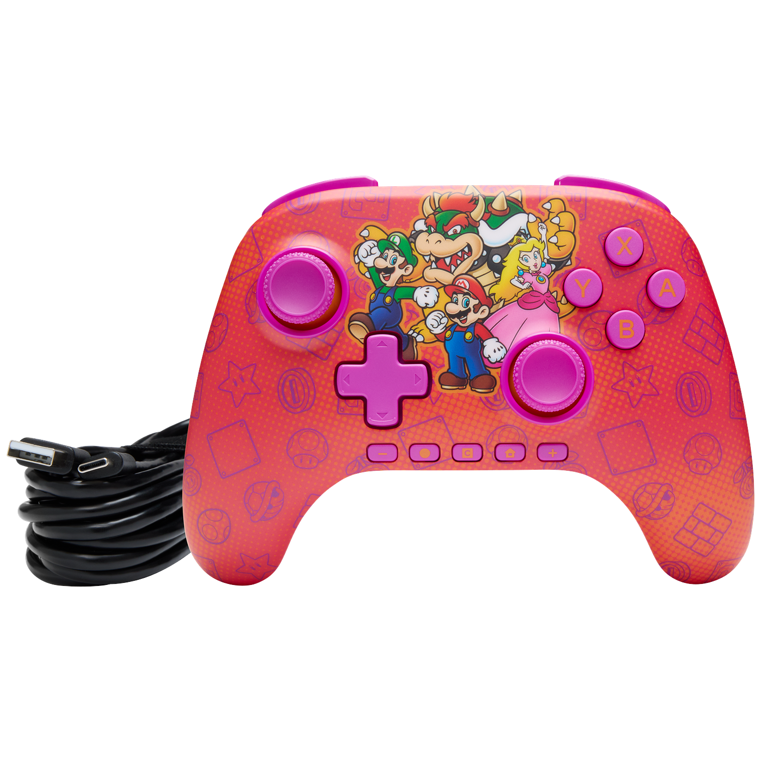 A red controller featuring Mario characters and purple buttons. Black cable.