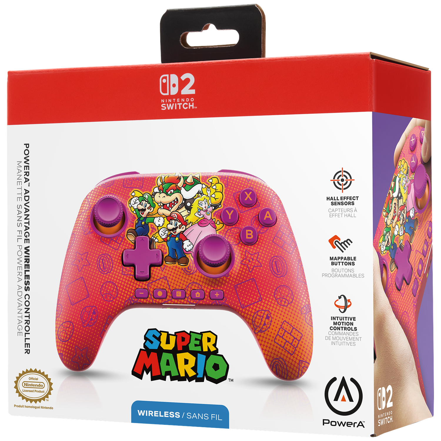 Red Nintendo Switch controller packaging featuring Super Mario characters and logo.
