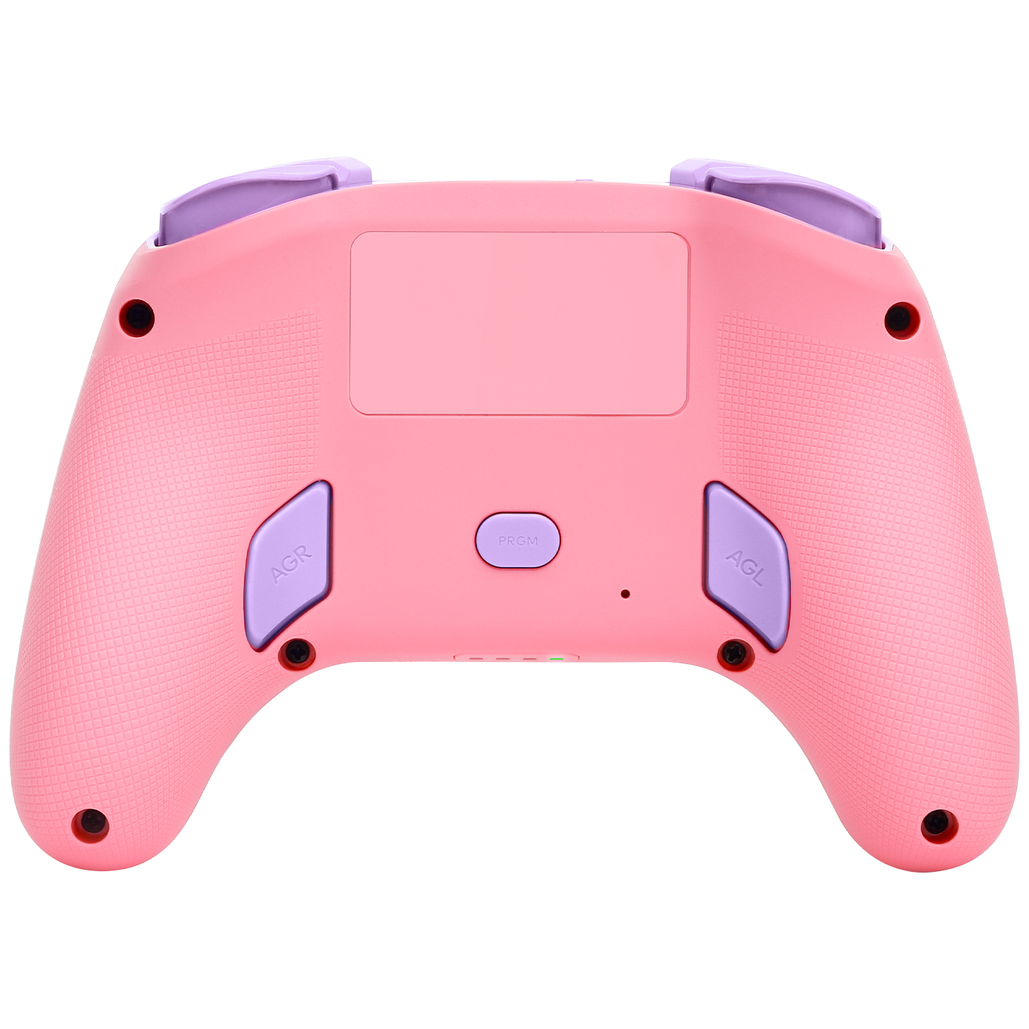 Pink game controller back with purple buttons and grips. Black background.