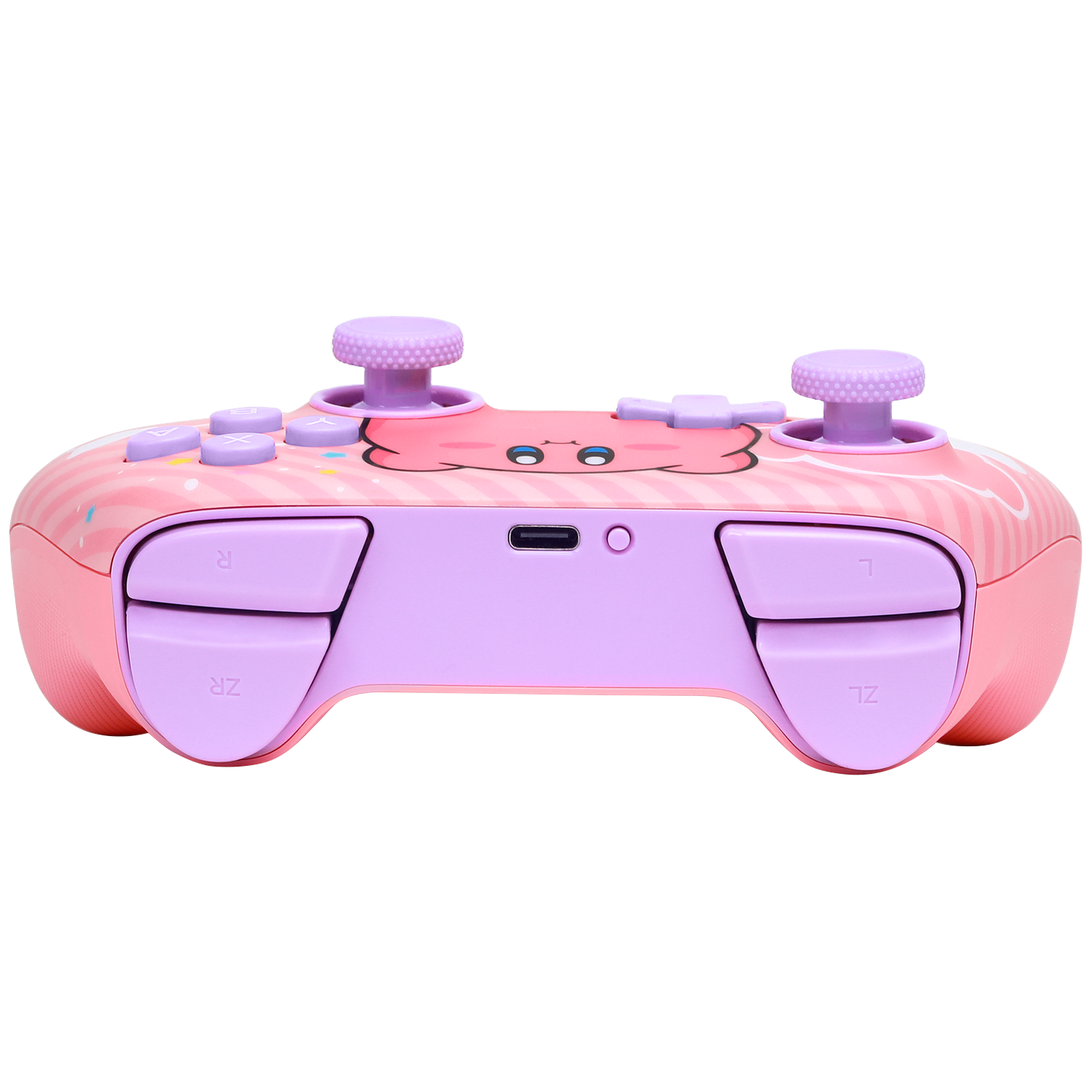 A pink controller with purple buttons and a Kirby face design.