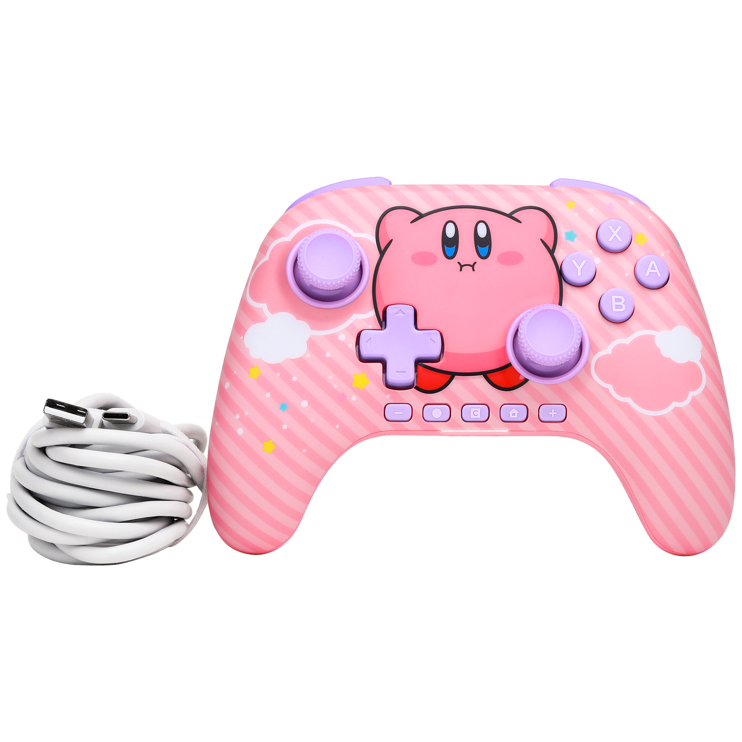 A pink controller featuring Kirby, with purple buttons and white cables.
