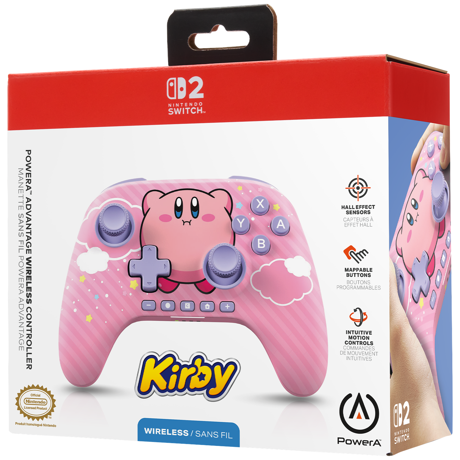 Packaging of a pink Nintendo Switch controller featuring Kirby and product details.