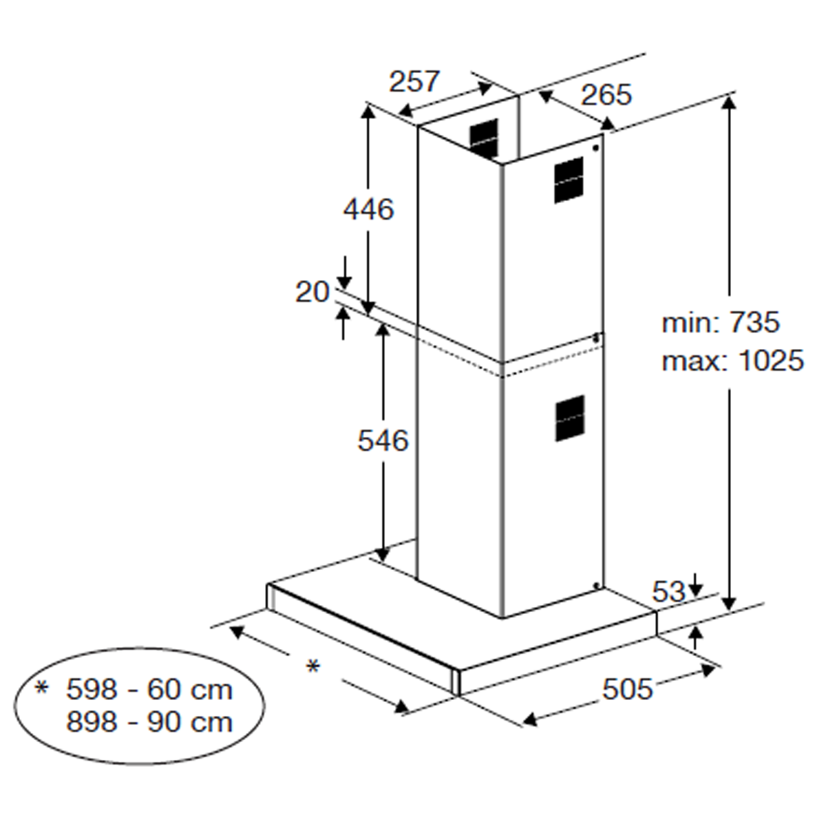 Dibujo técnico de una campana extractora con dimensiones.