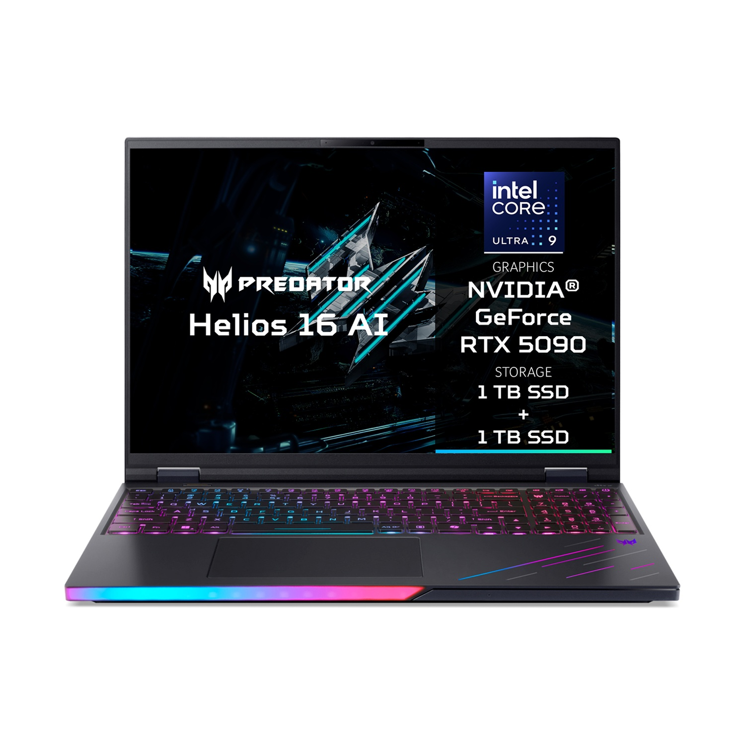 Un laptop nero Acer Predator Helios 16 AI con processore Intel Core Ultra 9.