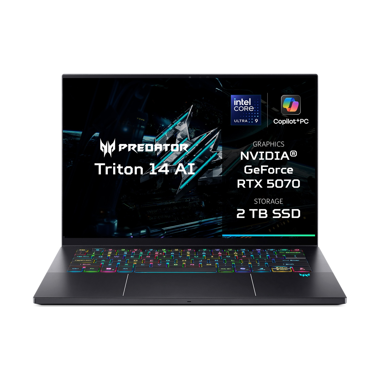 Un laptop nero con tastiera illuminata, Intel Core Ultra 9, grafica RTX 5070.