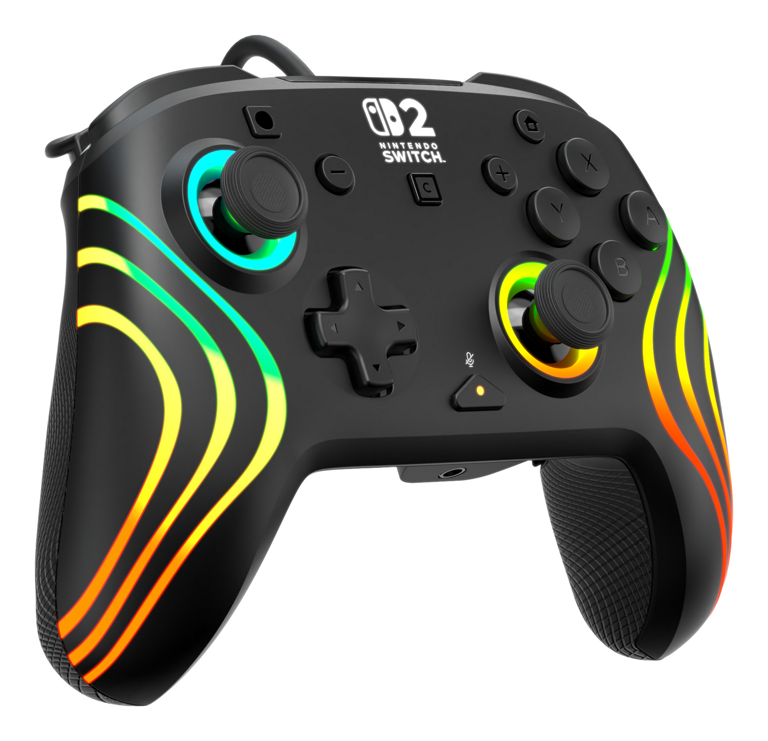 Controlador negro de Nintendo Switch con rayas de arcoíris y botones brillantes.
