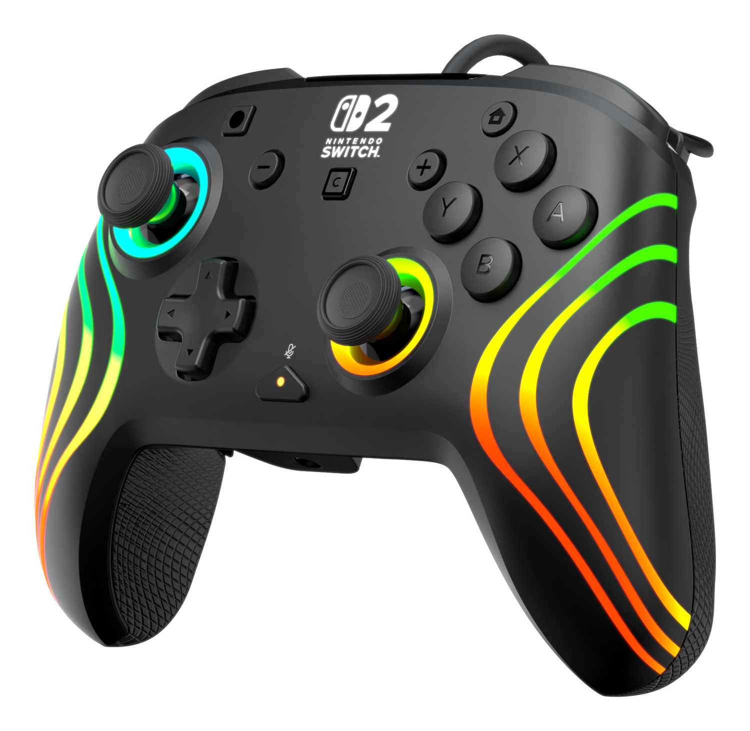 Mando negro de Nintendo Switch con acentos de luz coloridos y joysticks.