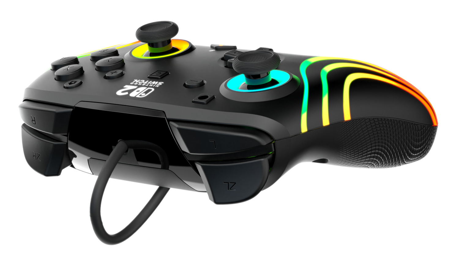 Mando de juegos negro con tiras de luces coloridas y cable.