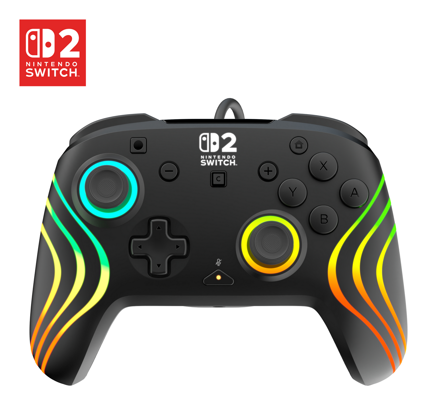 Mando negro de Nintendo Switch con efectos de luz coloridos y el logo 82.