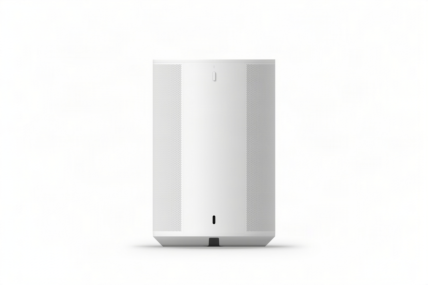 Un purificador de aire blanco y rectangular con lados perforados y un botón arriba.
