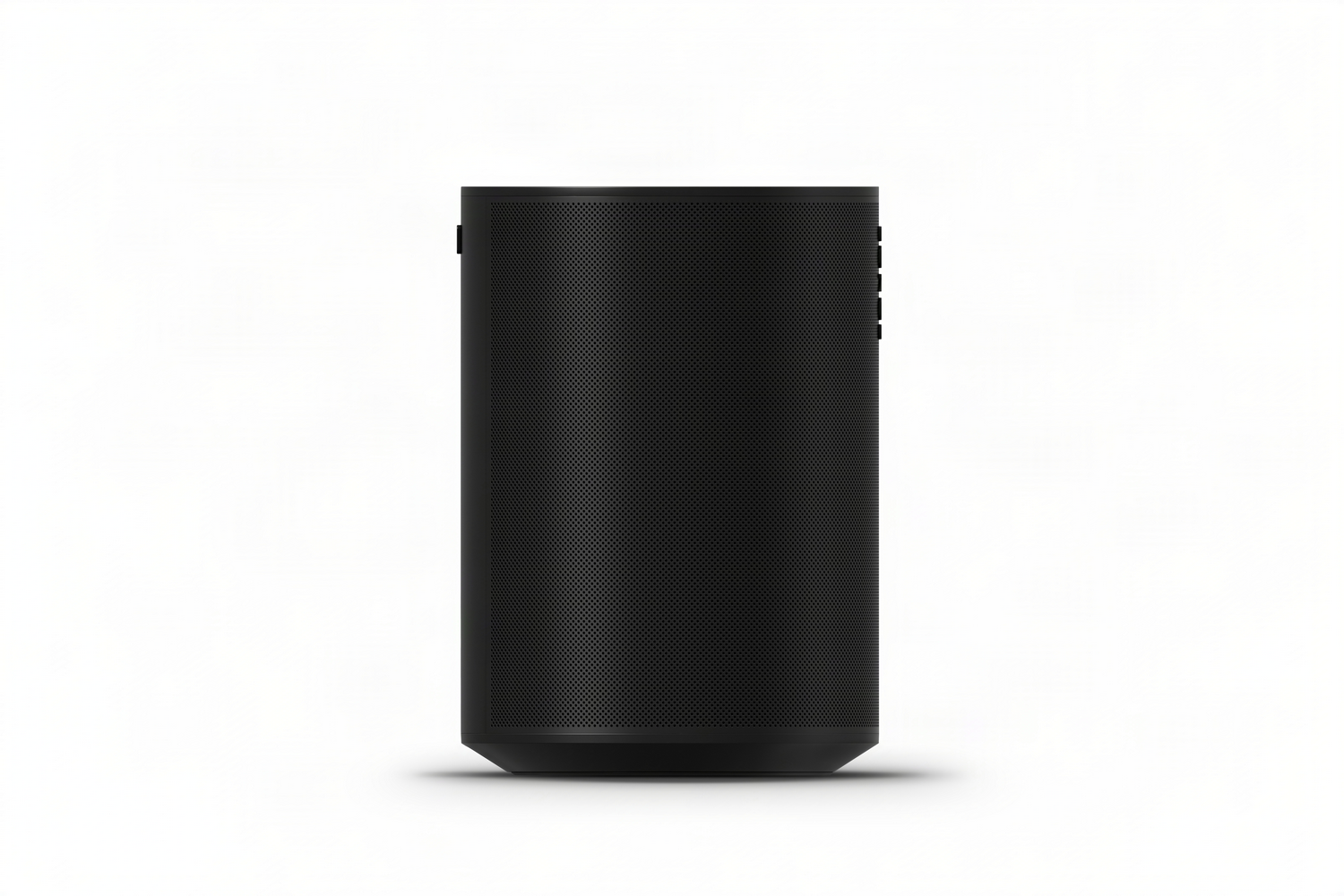 Altavoz cilíndrico negro con patrón perforado y botones laterales.
