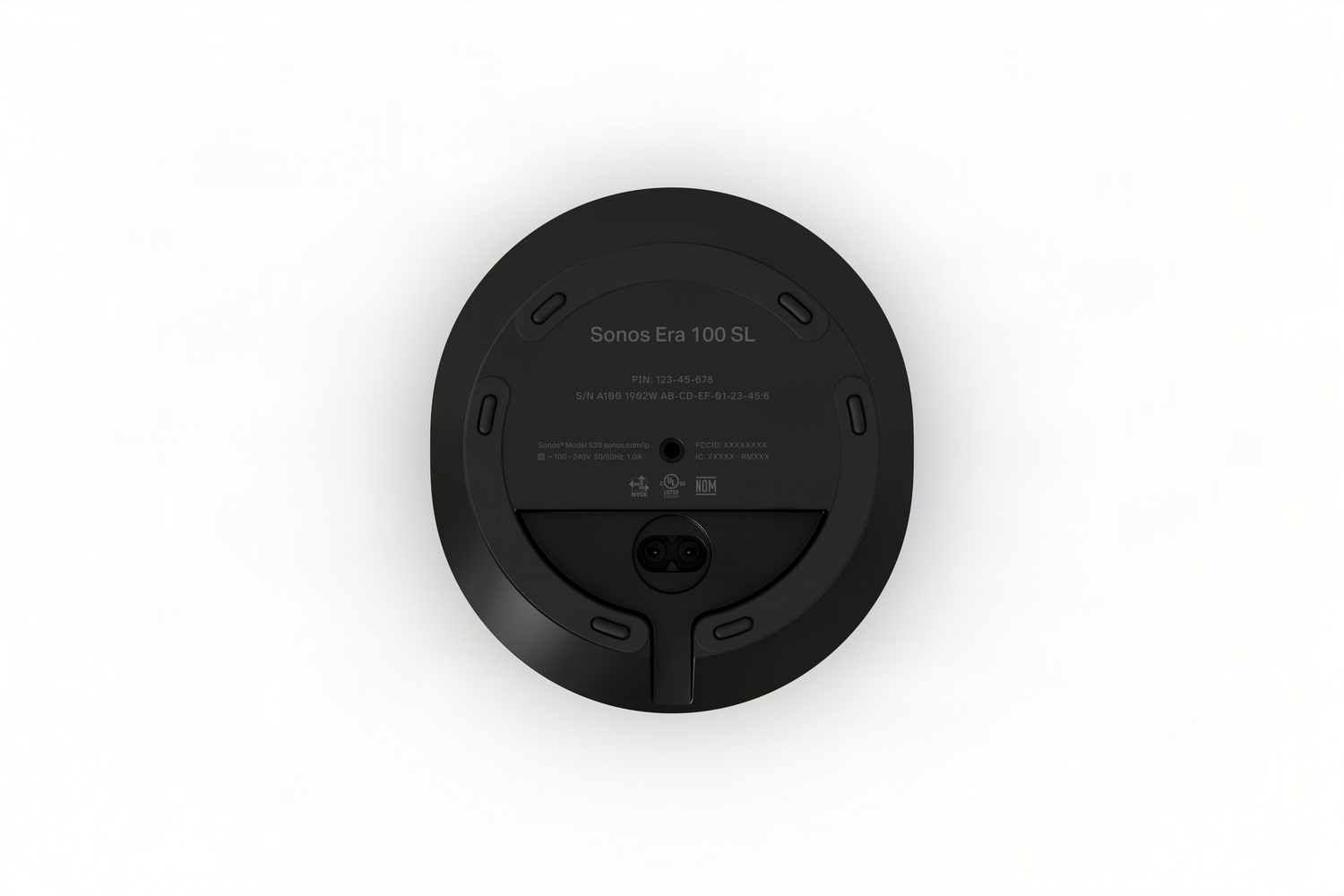 Parte inferior de un altavoz Sonos Era 100 SL negro con detalles técnicos.