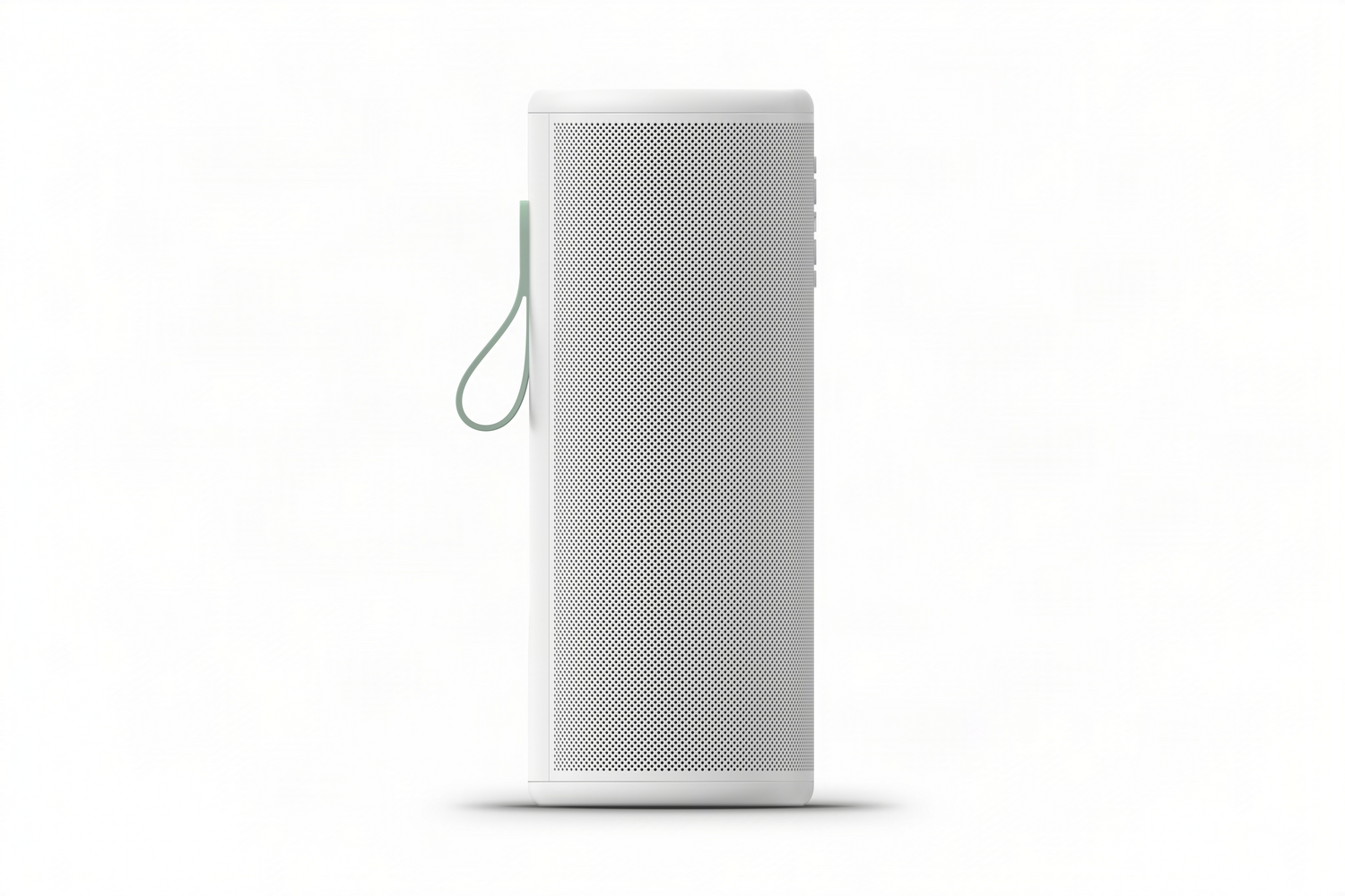 Un altavoz blanco con correa verde claro sobre fondo blanco.