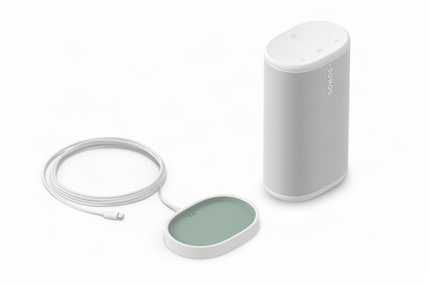 Altavoz Sonos blanco con cable blanco y base de carga.