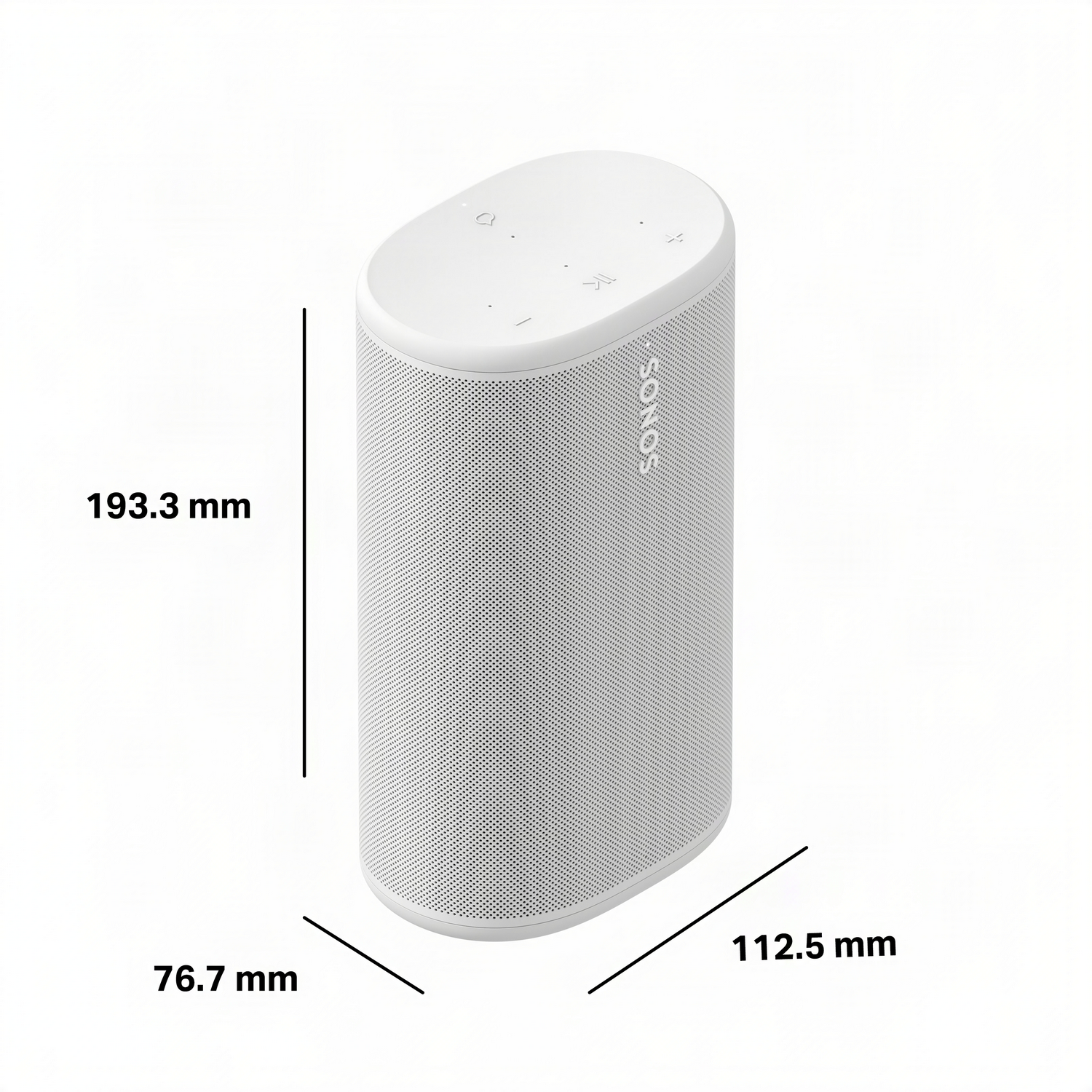 Altavoz Sonos blanco con dimensiones (Alto: 193,3mm, Ancho: 112,5mm, Prof: 76,7mm).