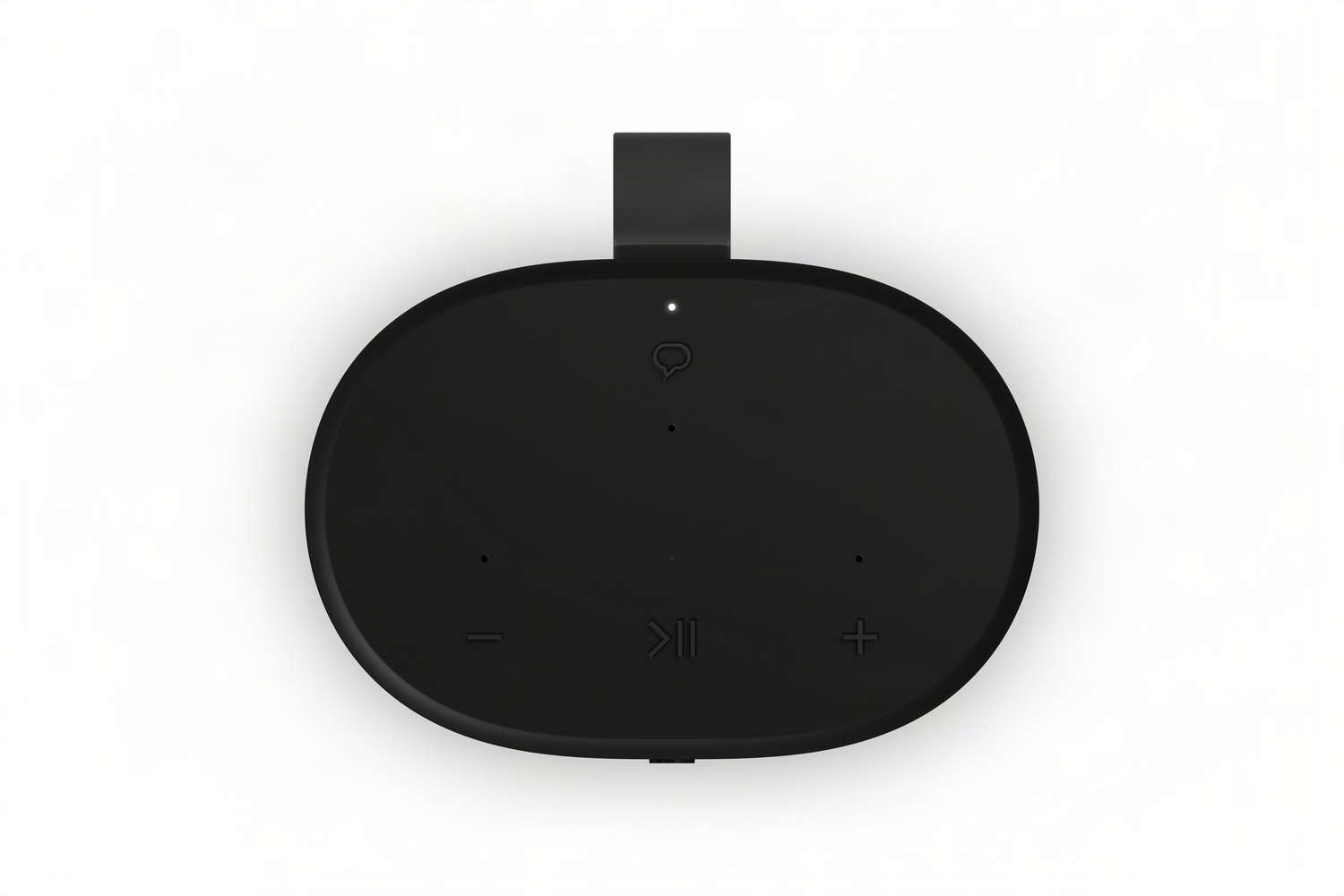 Altavoz negro con controles: volumen, reproducir/pausar, icono de micrófono.