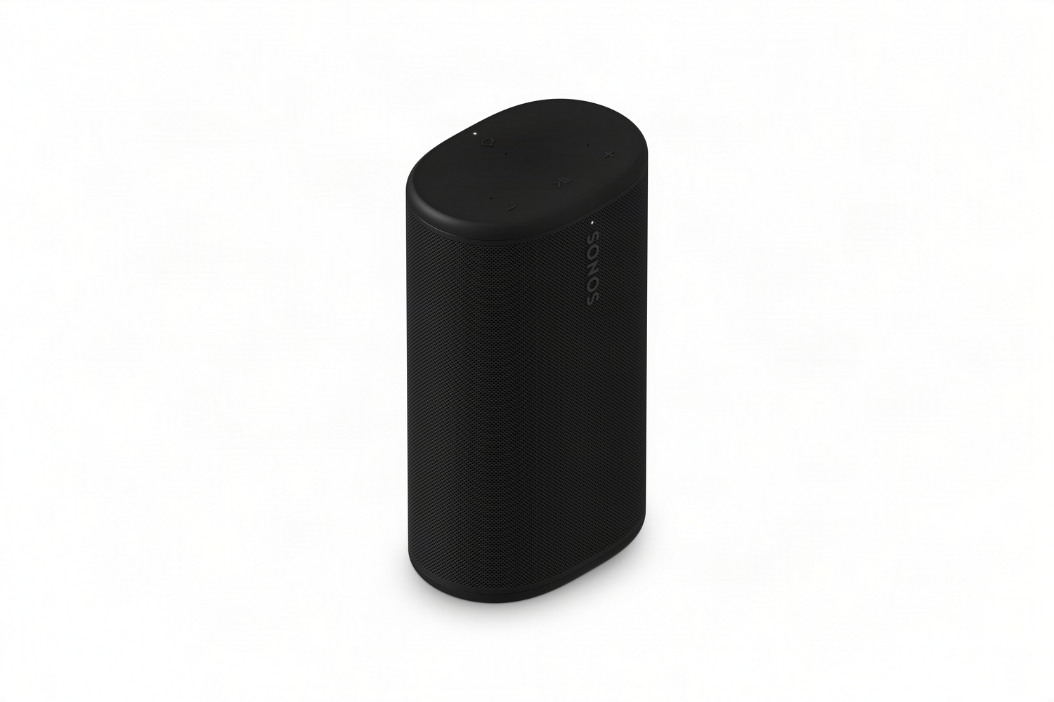 Altavoz Sonos ovalado negro sobre fondo blanco.