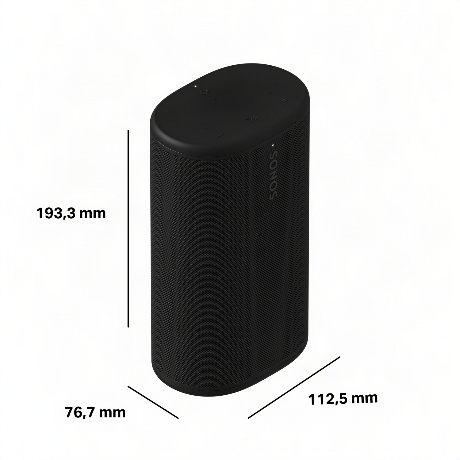 Altavoz Sonos negro con dimensiones 193,3 mm A, 76,7 mm An, 112,5 mm Pr.