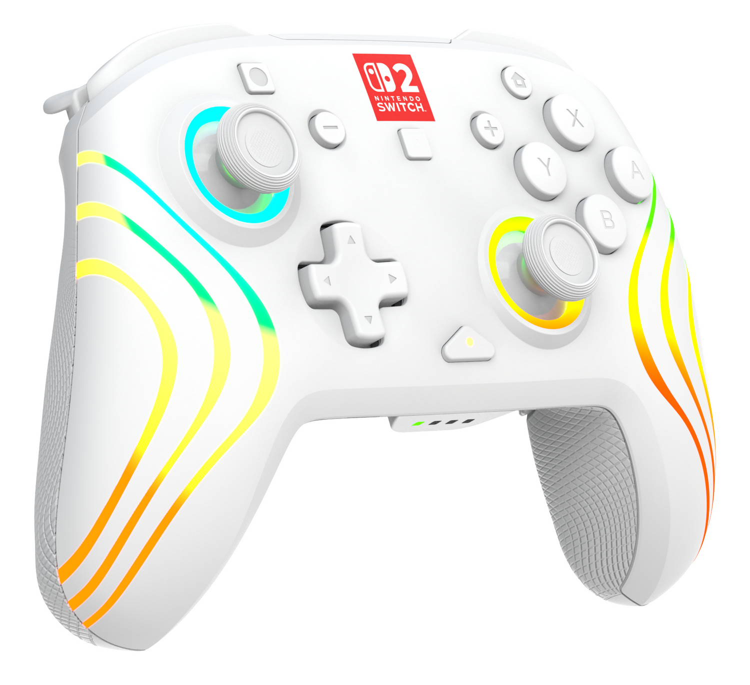 Controlador blanco de Nintendo Switch con rayas de colores y anillos iluminados.