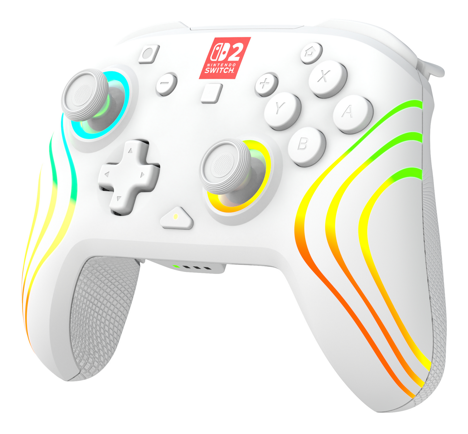 Un mando blanco de Nintendo Switch con acentos de luz coloridos y el logo de Nintendo.