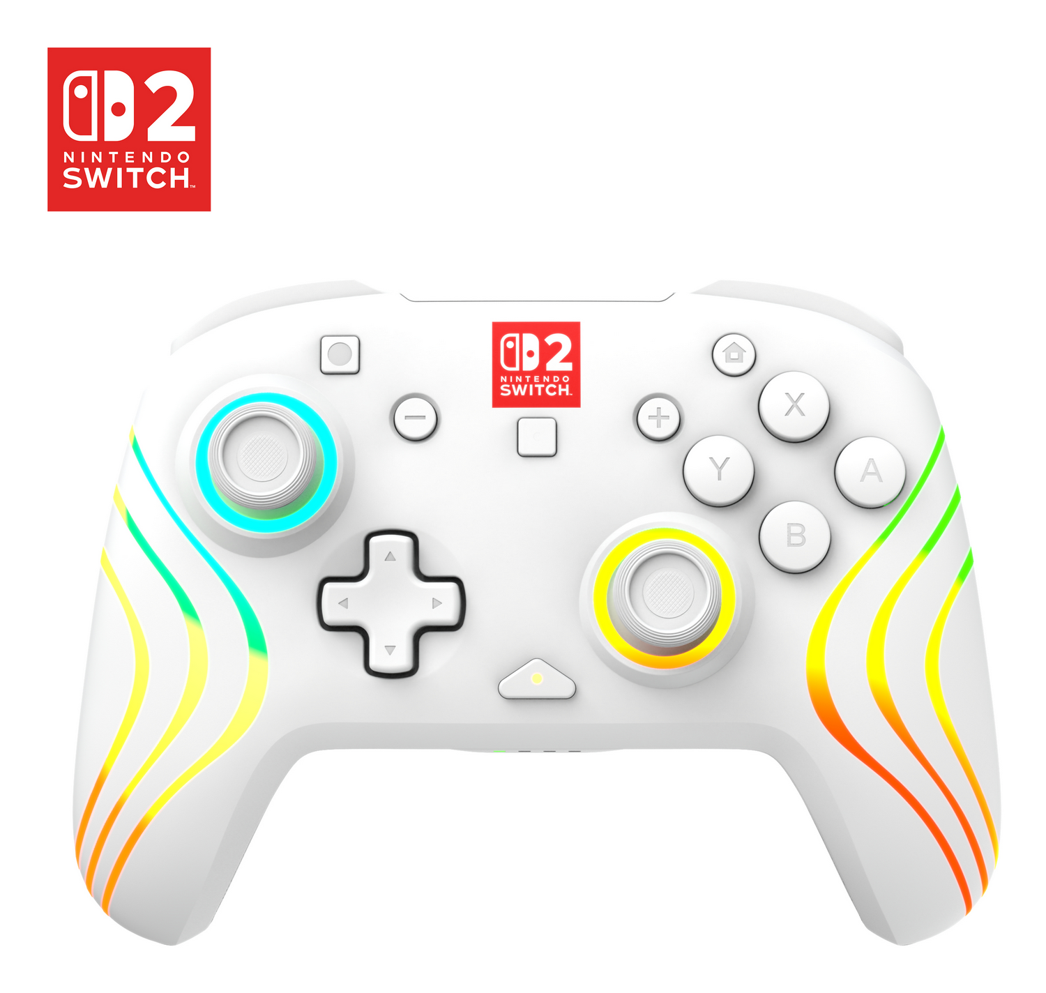 Un mando blanco de Nintendo Switch con efectos de luz coloridos.