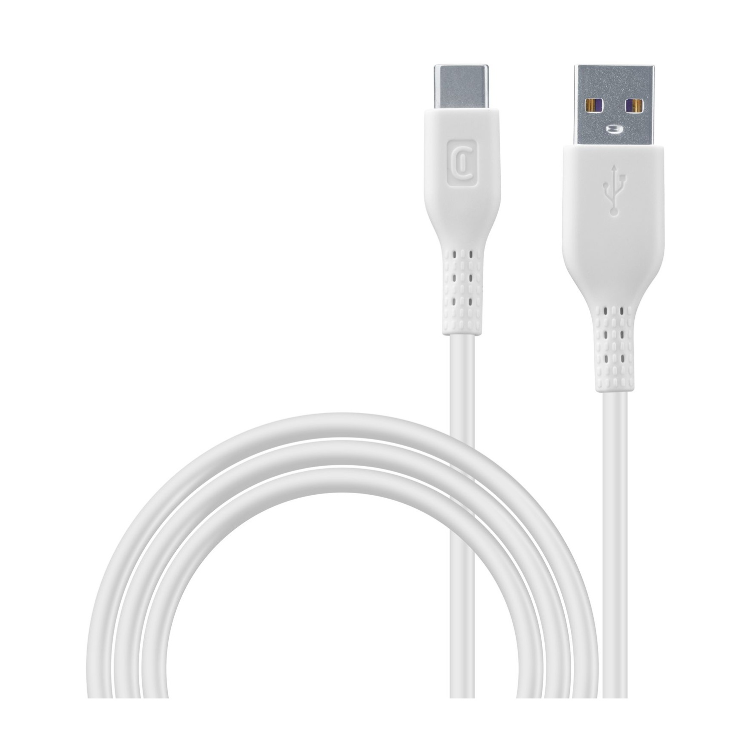 Un cavo USB-C a USB-A bianco con connettori in primo piano.