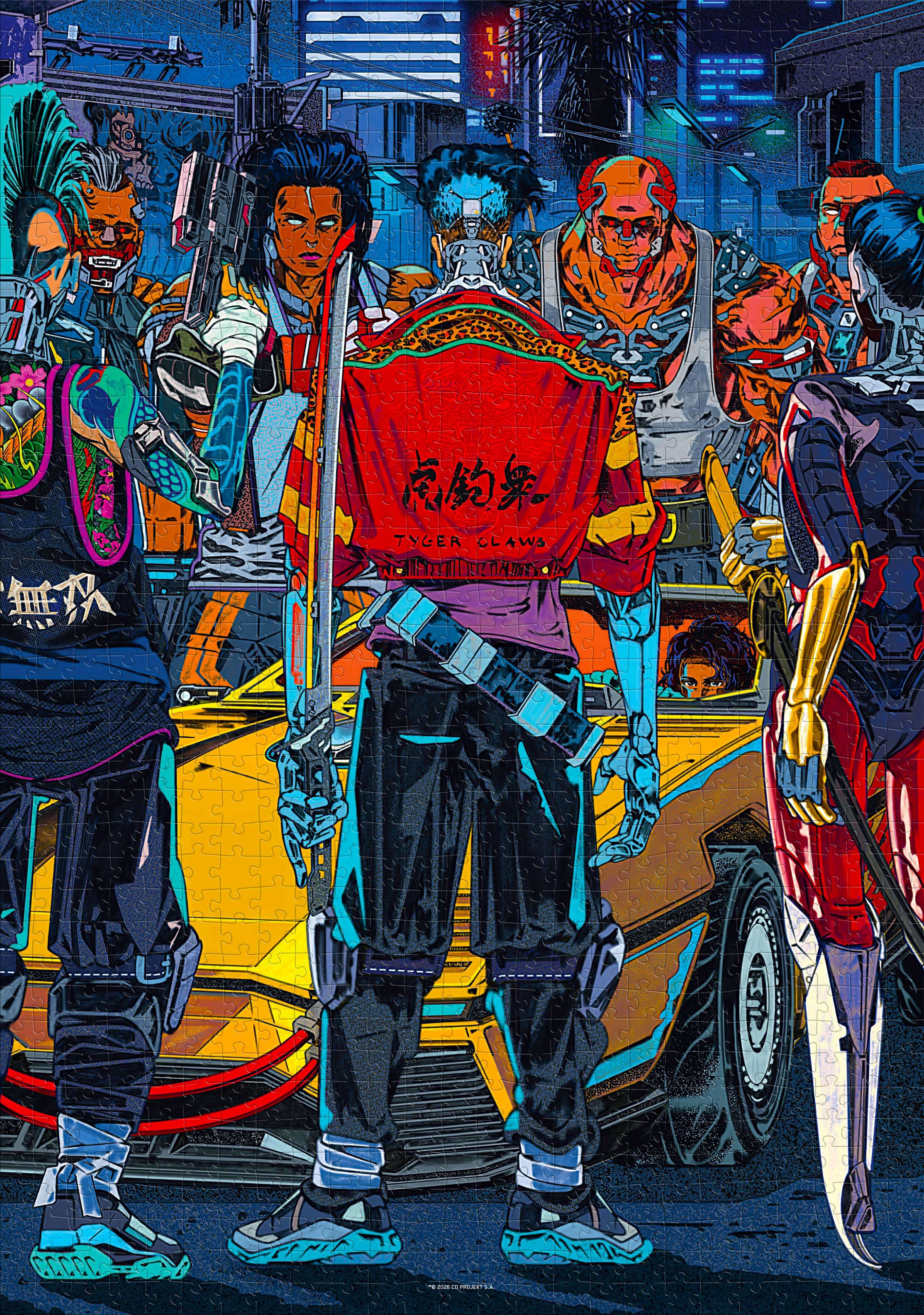 Cyberpunk csoport sárga autóval és futurisztikus városi háttérrel.