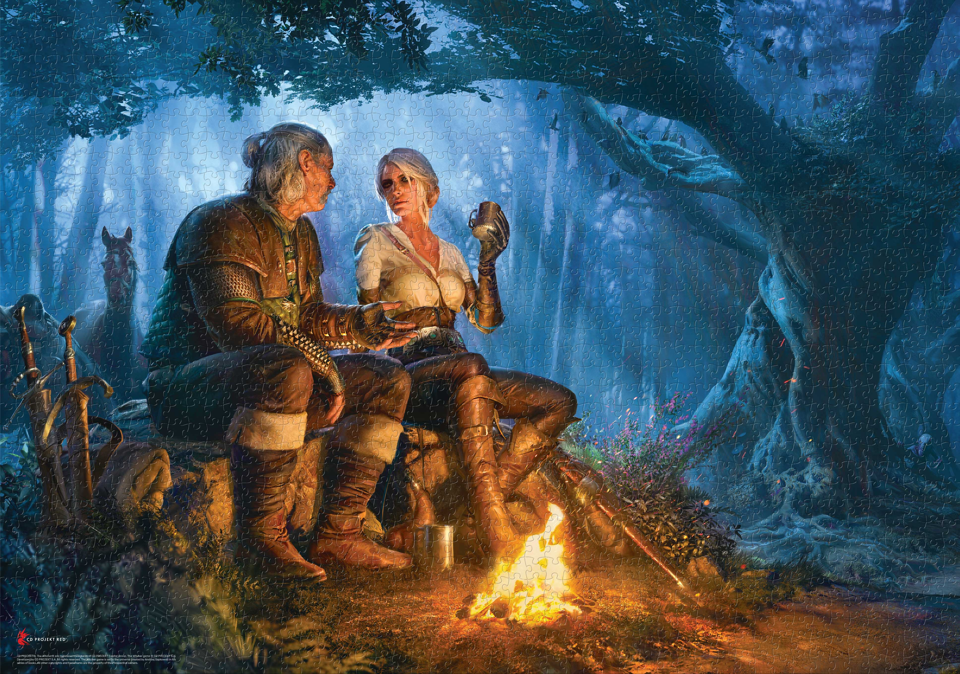 Két figura ül a tűz körül az erdőben, lóval a háttérben.
