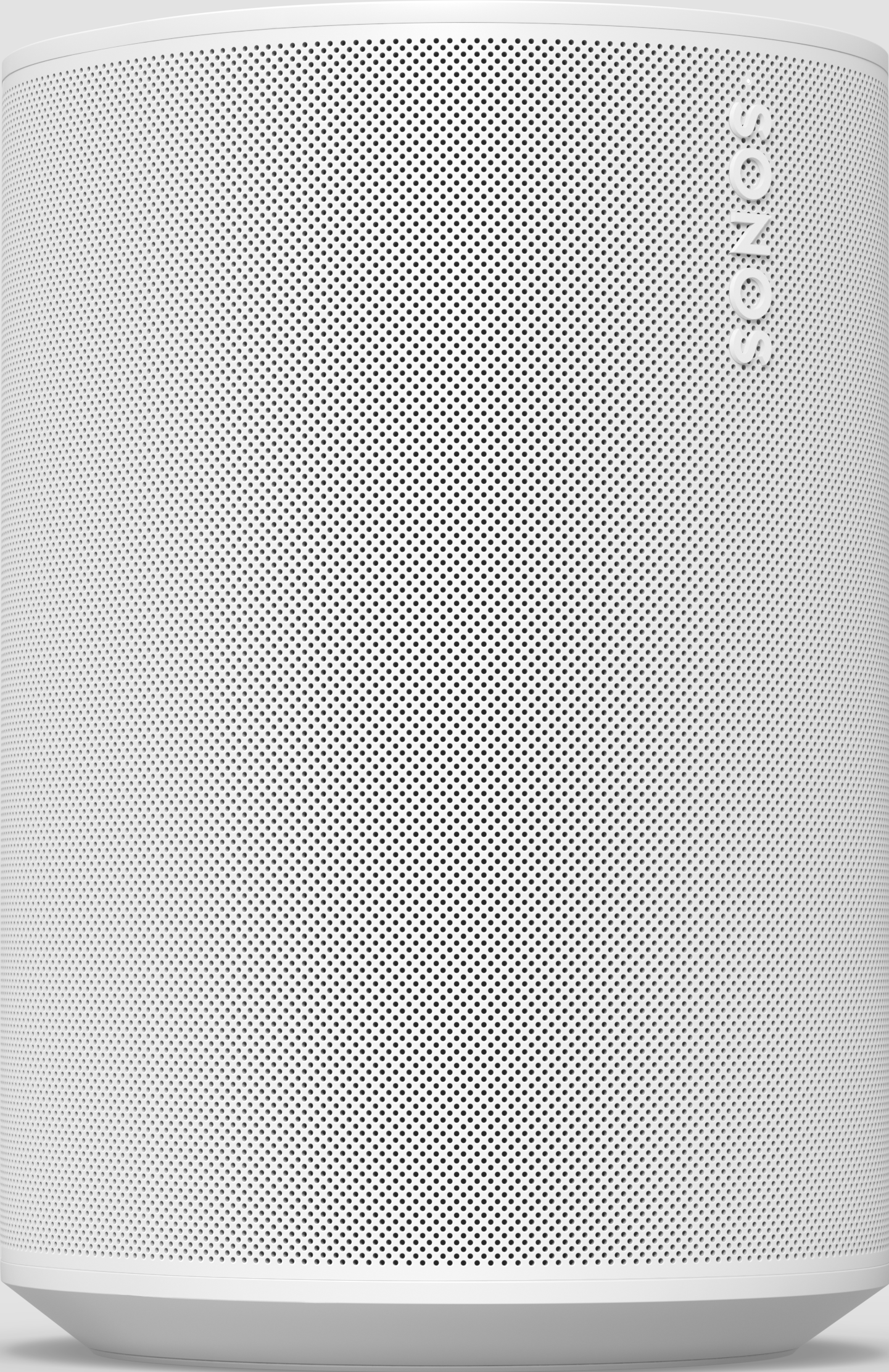 Eine weiße, zylindrische Sonos-Box mit perforierter Oberfläche und Logo.