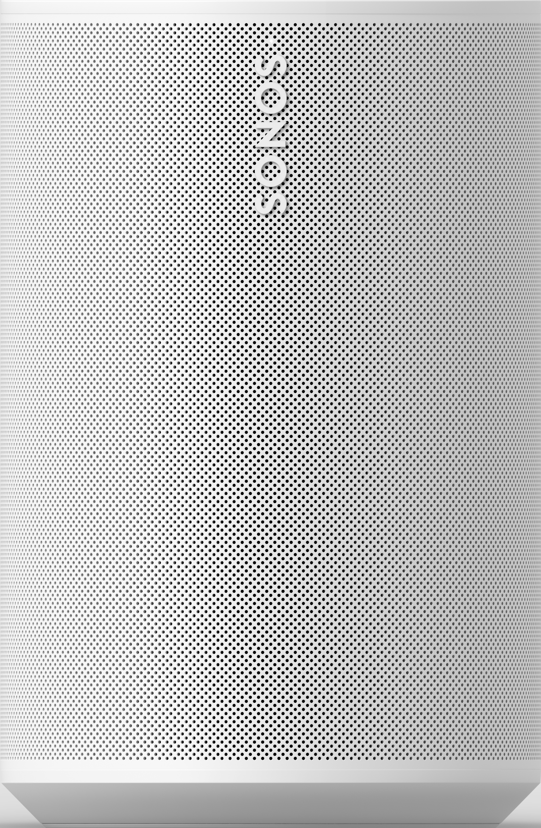 Weiße Lautsprecherbox mit perforierter Oberfläche und dem Sonos-Logo.