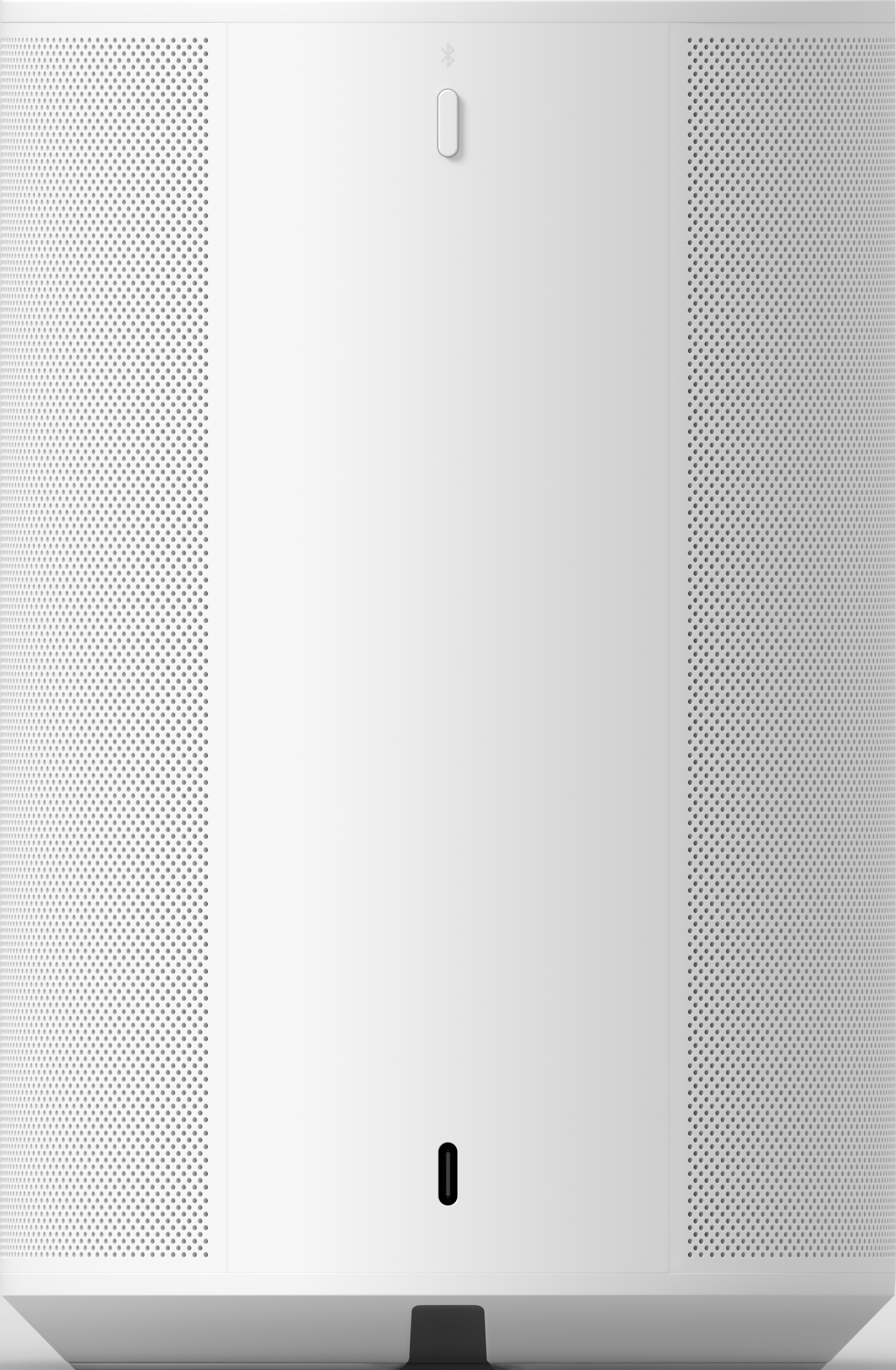 Weiße Lautsprecherbox mit perforierten Seiten, USB-C-Anschluss und Bluetooth-Symbol.