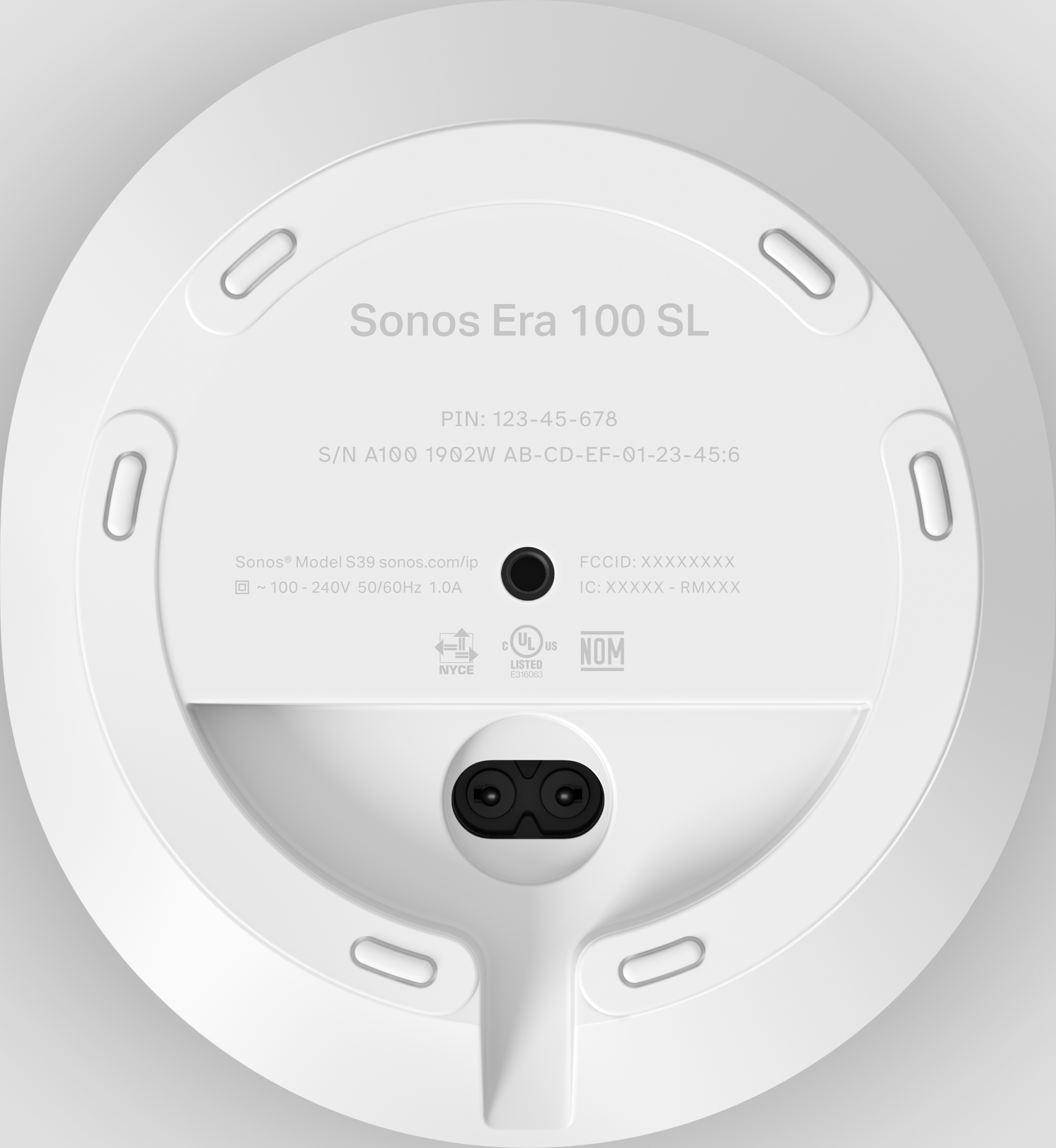 Unterseite des weißen Sonos Era 100 SL Lautsprechers mit Anschlüssen und Zertifizierungen.