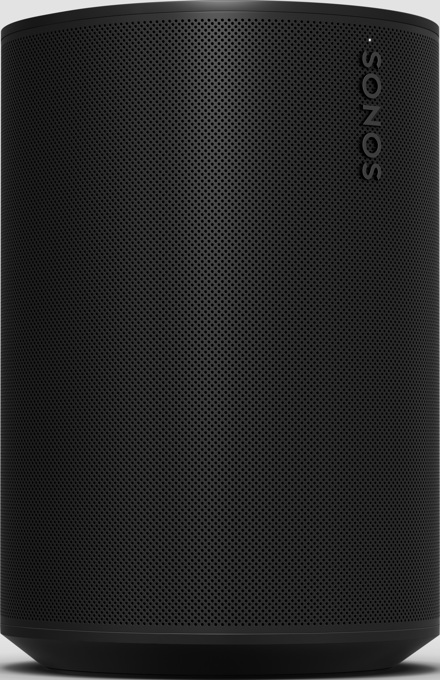 Schwarzer Sonos Lautsprecher mit gelochter Oberfläche und Logo.