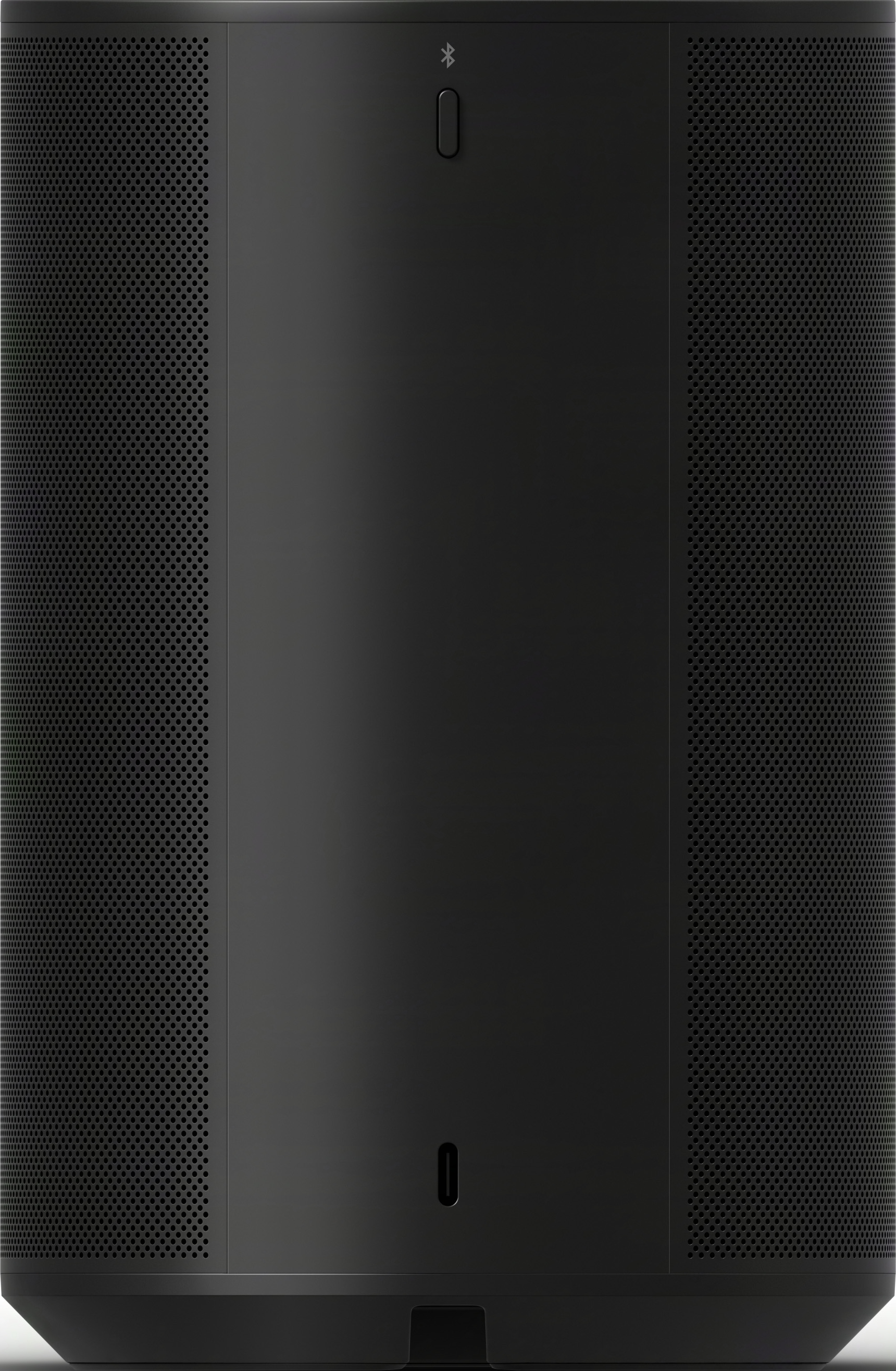 Ein schwarzer zylindrischer Lautsprecher mit perforierten Seiten und einem oberen Bluetooth-Symbol.