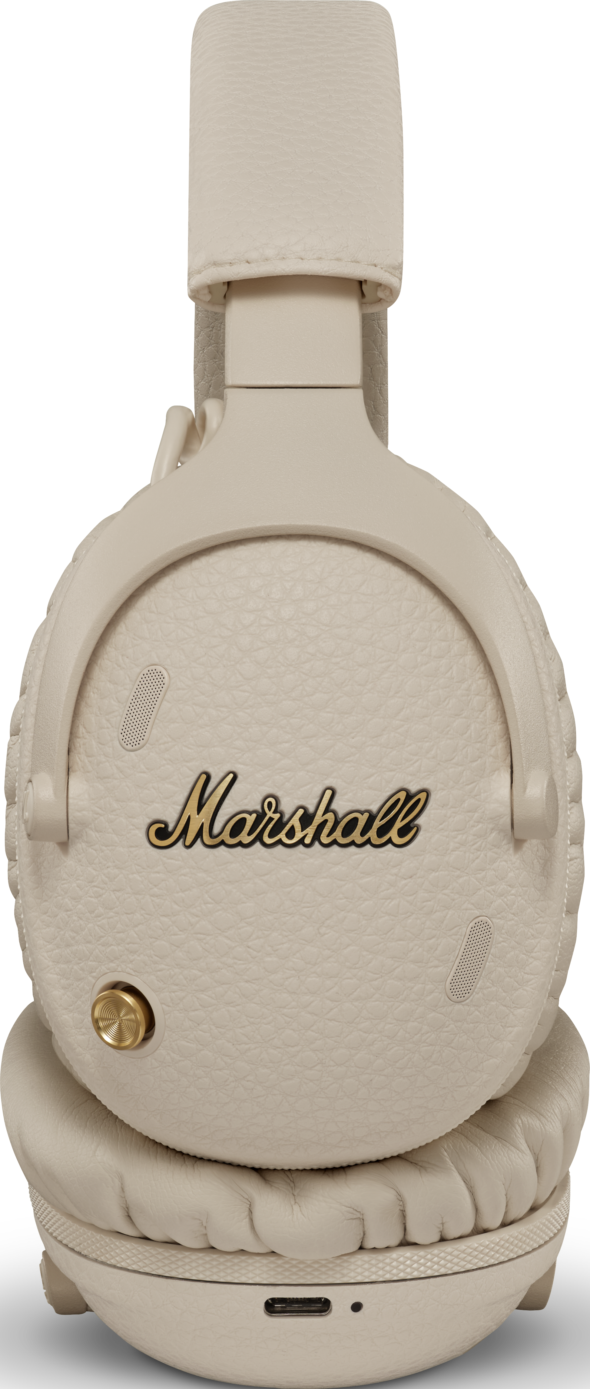 Cuffie Marshall beige con logo dorato e controlli.