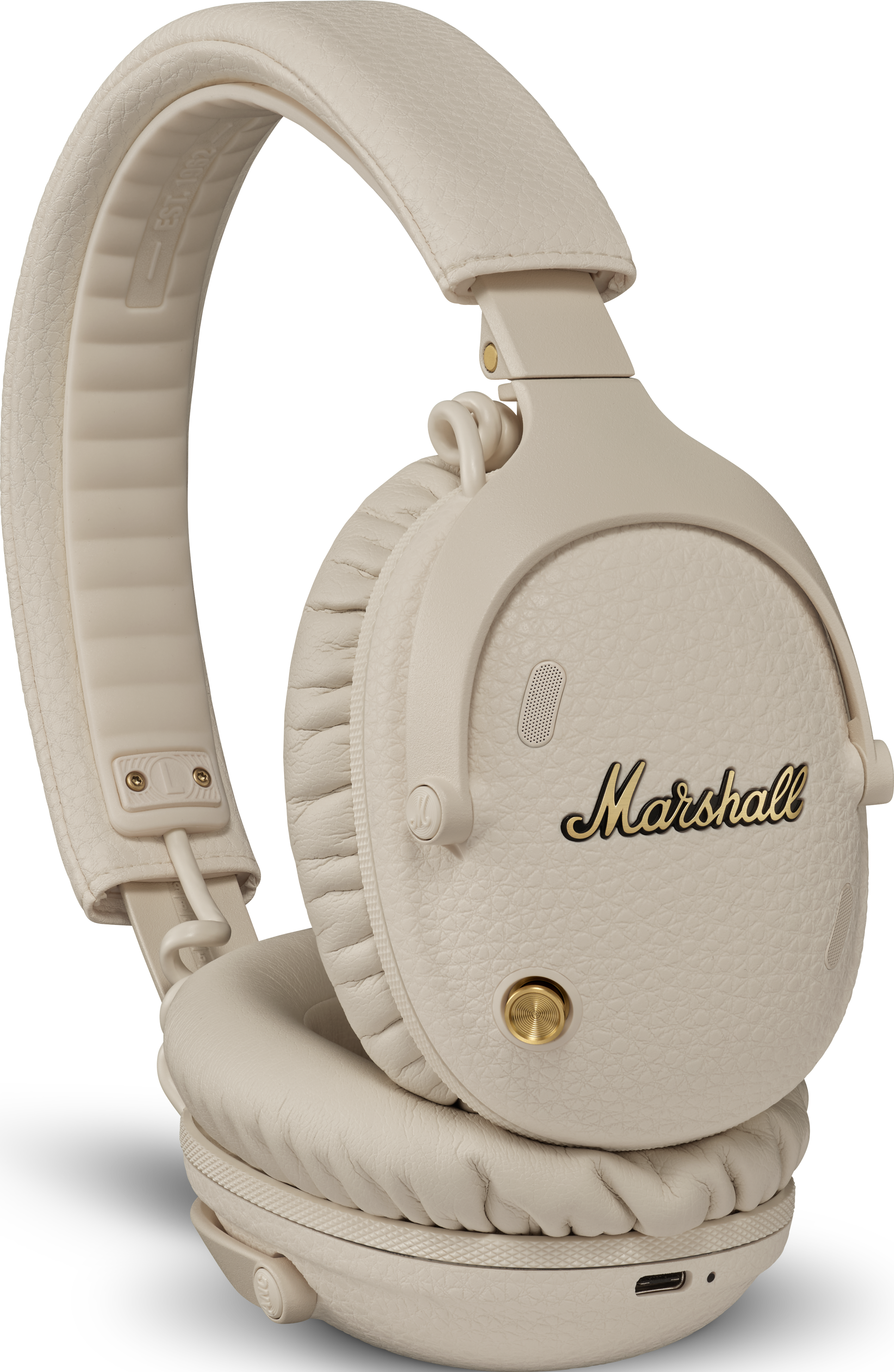 Cuffie Marshall beige con logo dorato e porta USB-C.