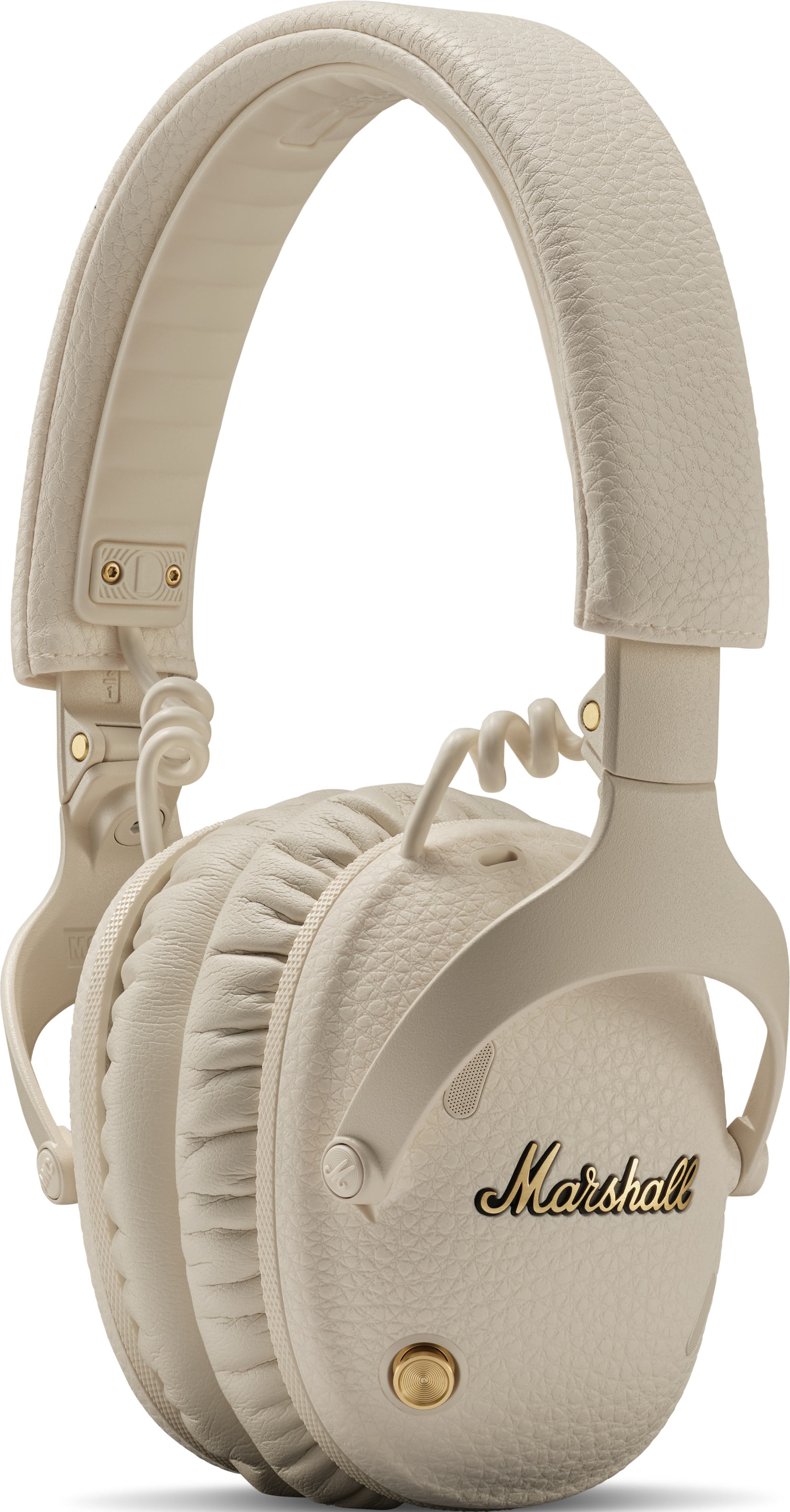 Cuffie Marshall beige con texture in pelle e cavo a spirale.