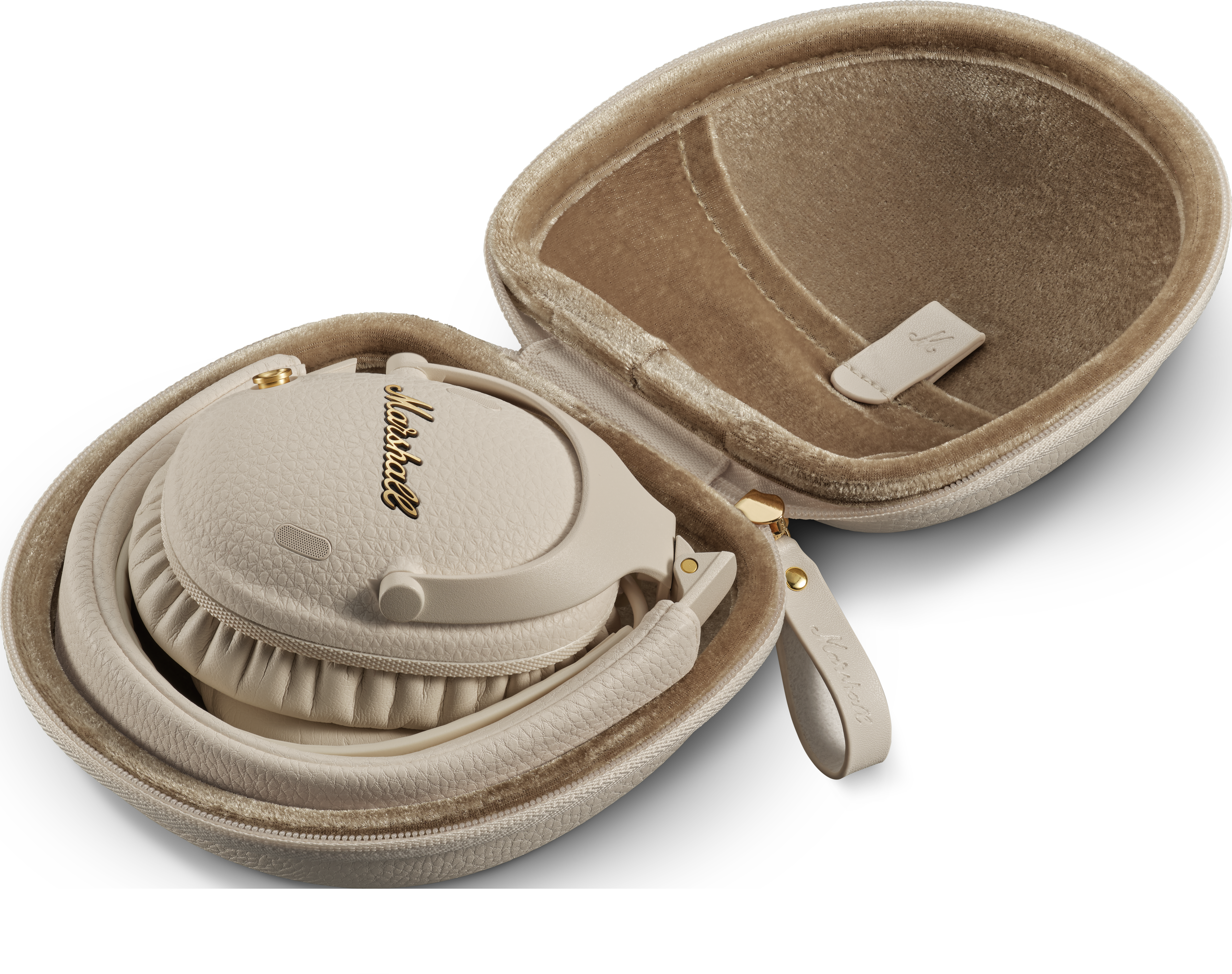 Cuffie Marshall beige dentro una custodia di velluto beige.