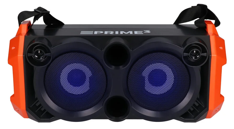 Czarny głośnik z pomarańczowymi akcentami i niebieskimi światłami.