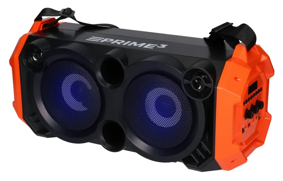 Pomarańczowo-czarny głośnik Bluetooth z niebieskimi światłami i paskiem.