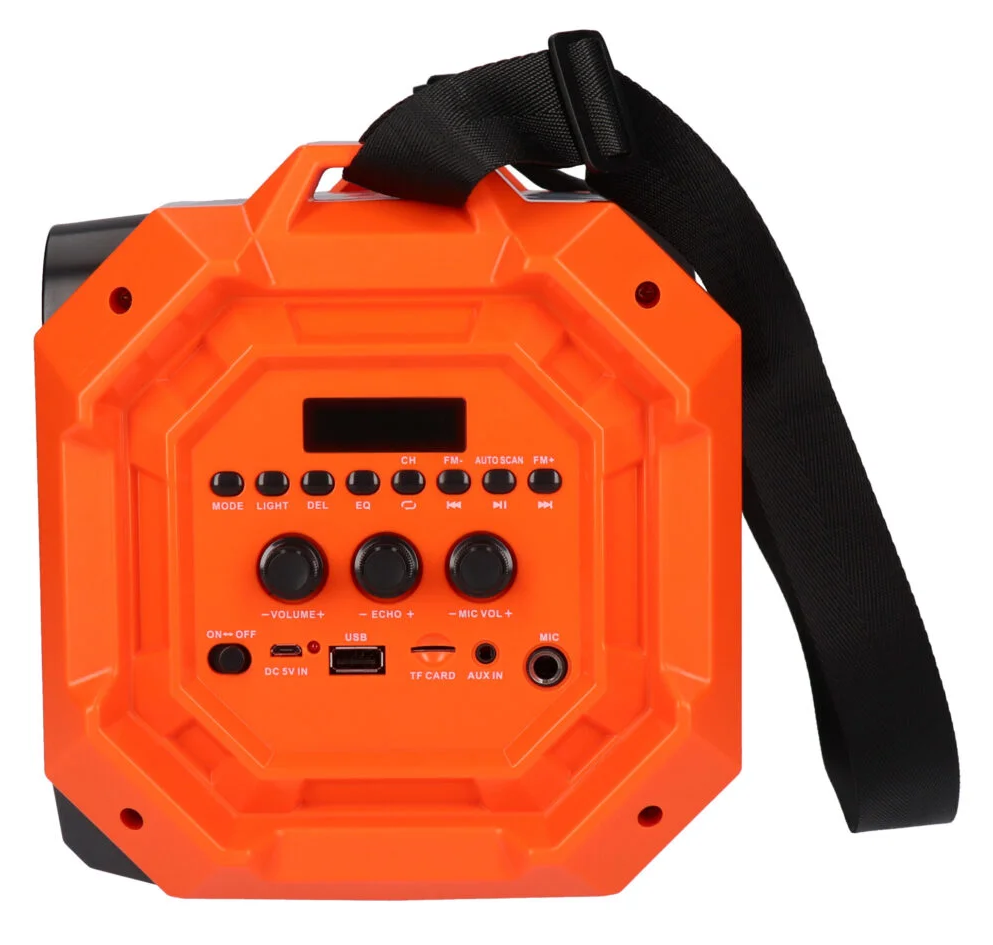 Pomarańczowy głośnik z czarnym paskiem, przyciskami i ekranem.