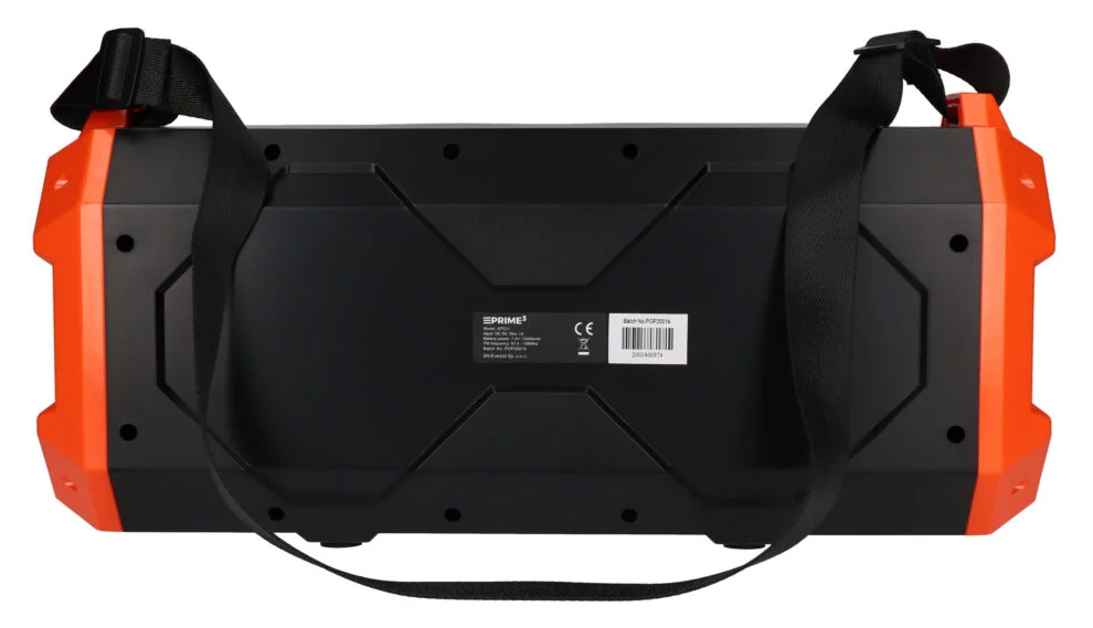 Czarna skrzynka z pomarańczowymi bokami i paskami.