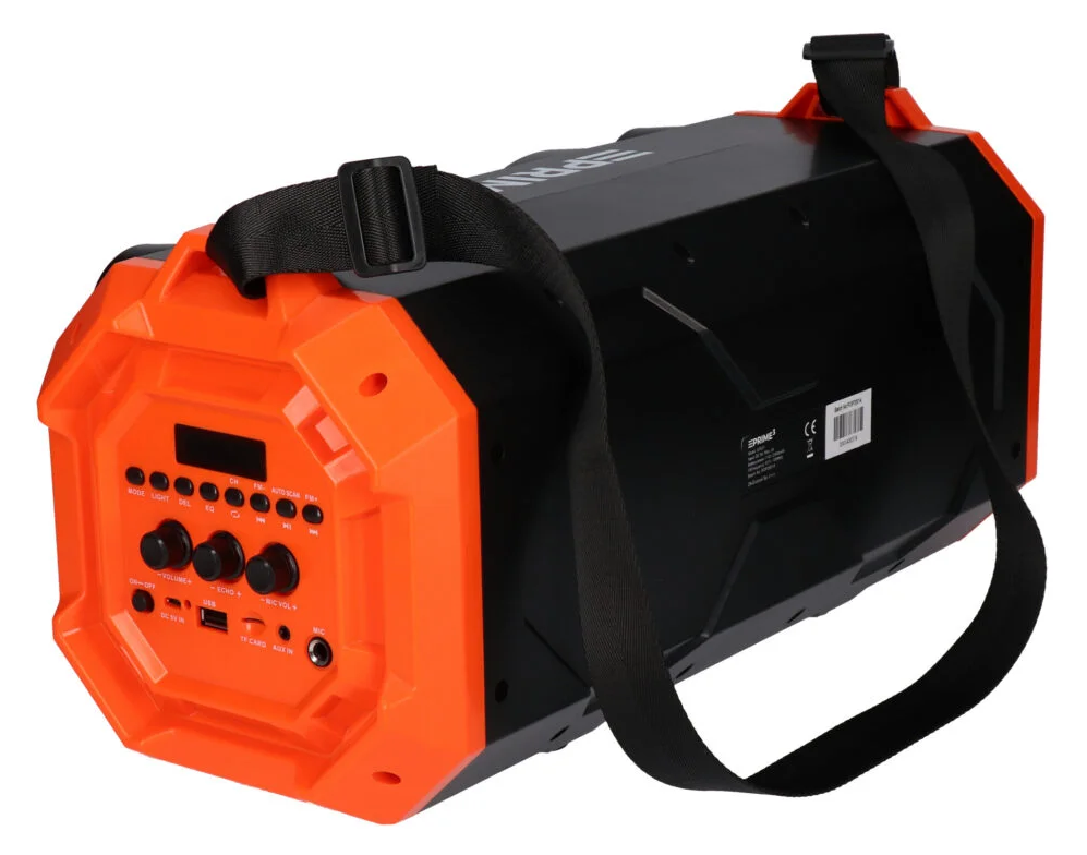 Czarny głośnik skrzynkowy z pomarańczowymi akcentami i paskiem.