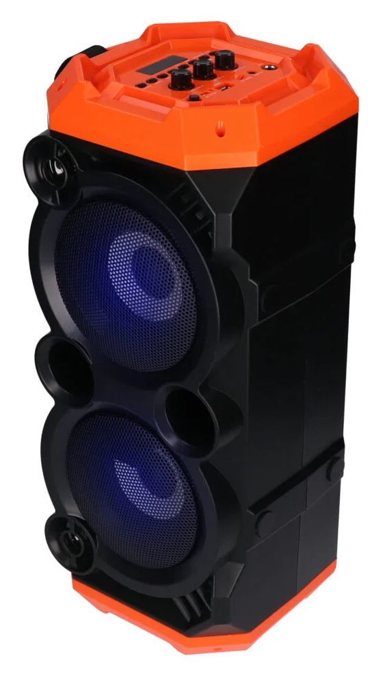 Czarny głośnik z pomarańczowymi akcentami i niebieskimi światłami.