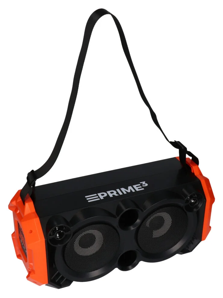 Czarny głośnik przenośny z pomarańczowymi akcentami i paskiem na ramię.