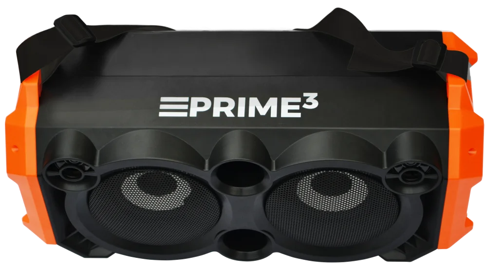 Czarny głośnik z pomarańczowymi akcentami i paskami.