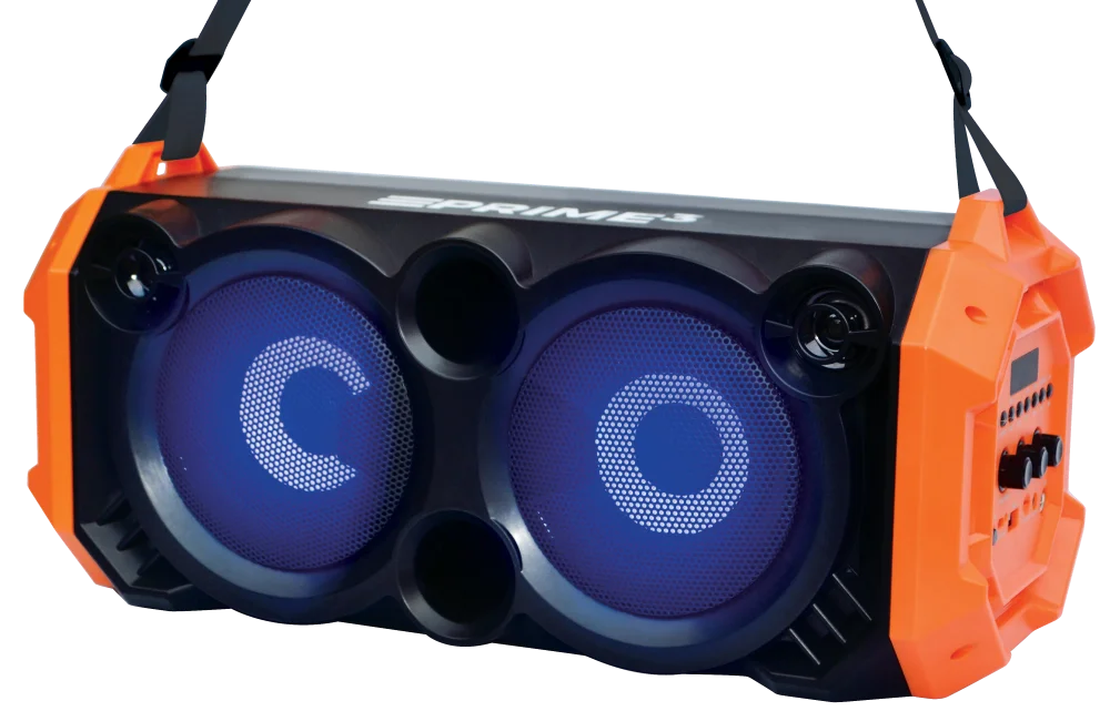 Przenośny głośnik z dwoma niebieskimi światłami i pomarańczowymi akcentami.