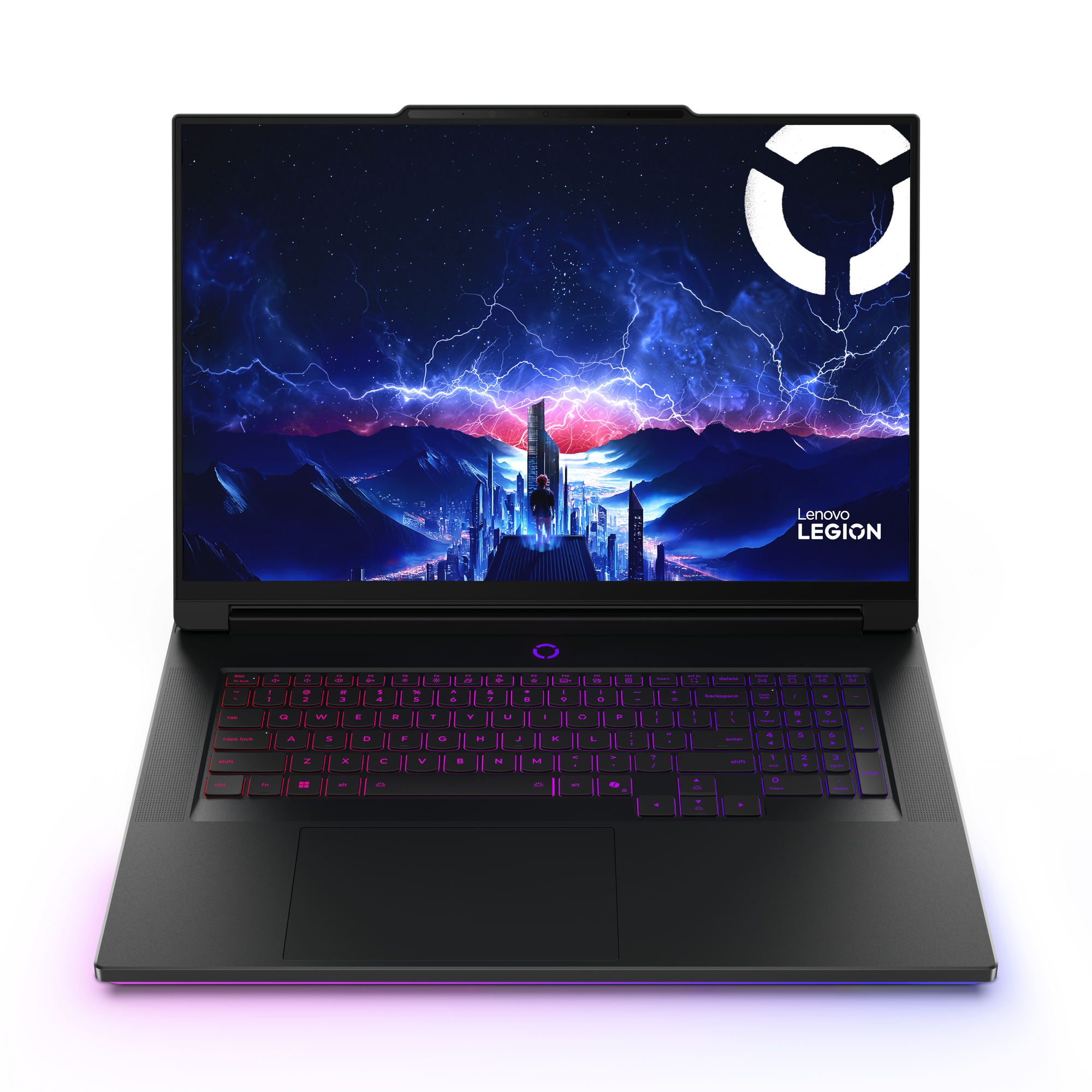 Laptop z podświetlaną klawiaturą i futurystyczną tapetą.