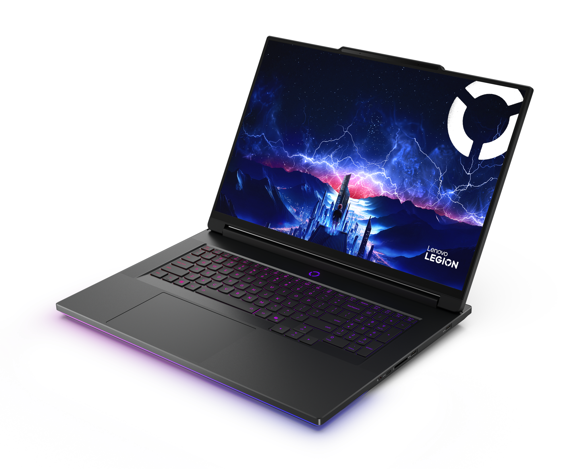 Ciemny laptop z podświetlaną klawiaturą i futurystyczną tapetą.