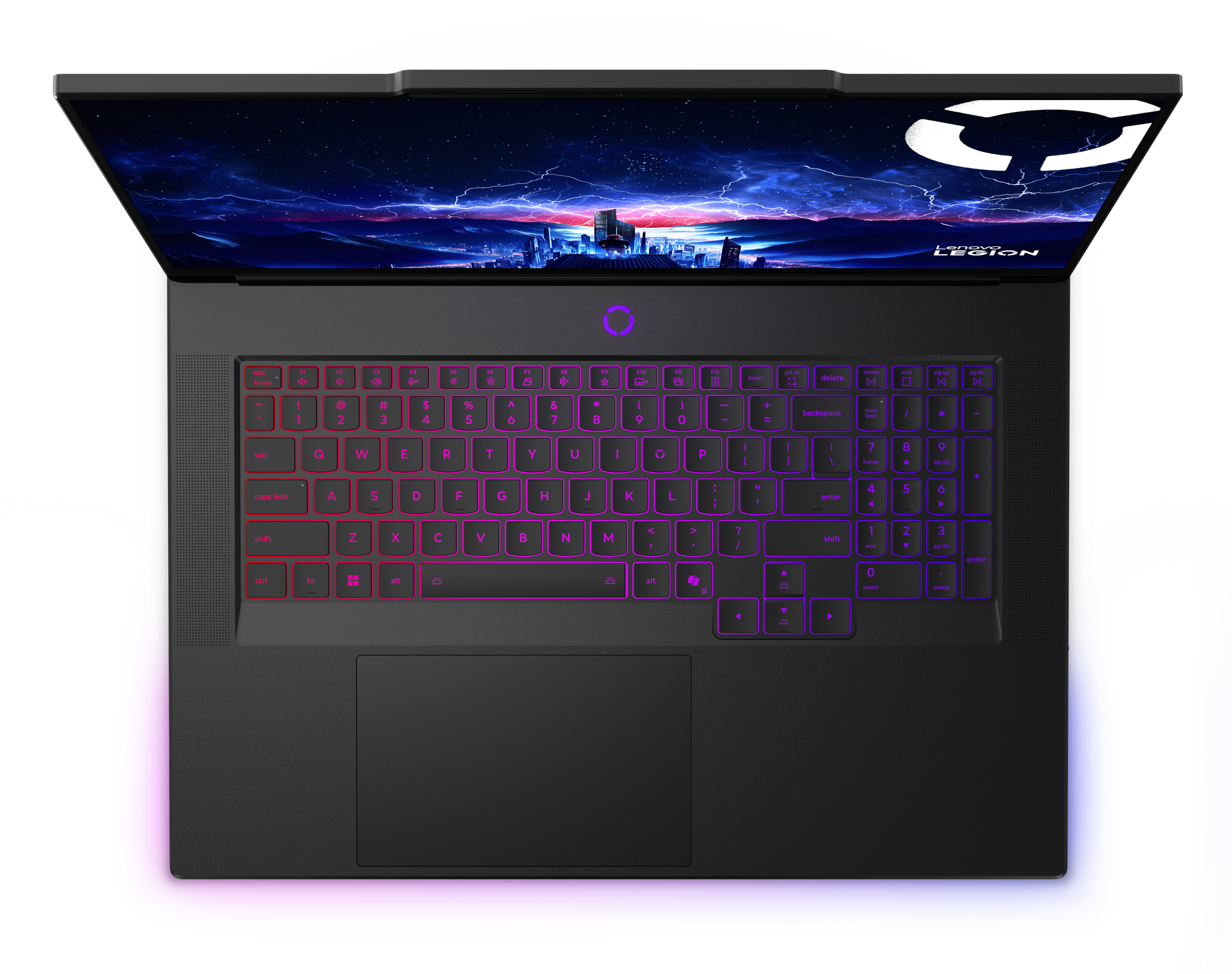 Otwarty laptop z podświetlaną klawiaturą i burzliwą tapetą.